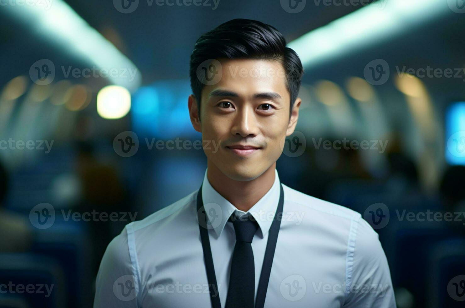 Portrait of young asian business man in airplane cabin. Travel and tourism concept AI Generated photo