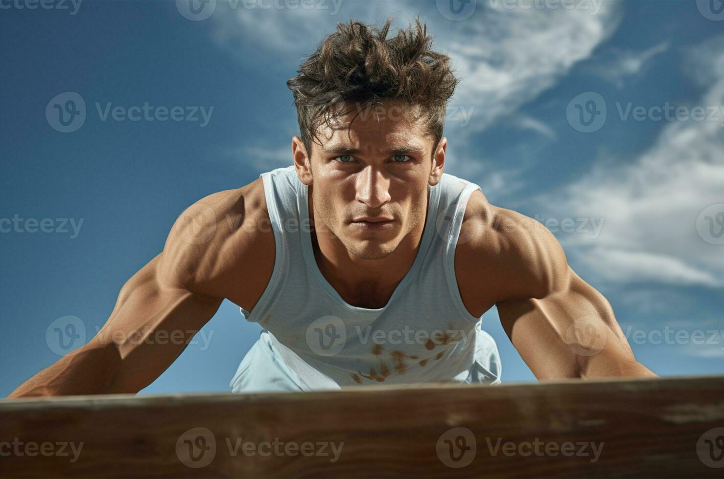 Handsome young man in sportswear doing push-ups outdoors AI Generated photo