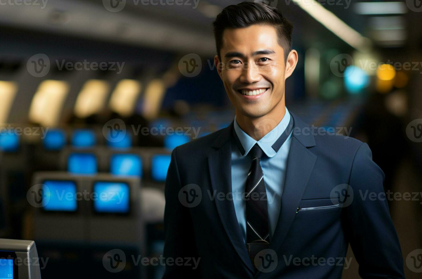 retrato de joven asiático negocio hombre en avión cabina. viaje y turismo concepto ai generado foto