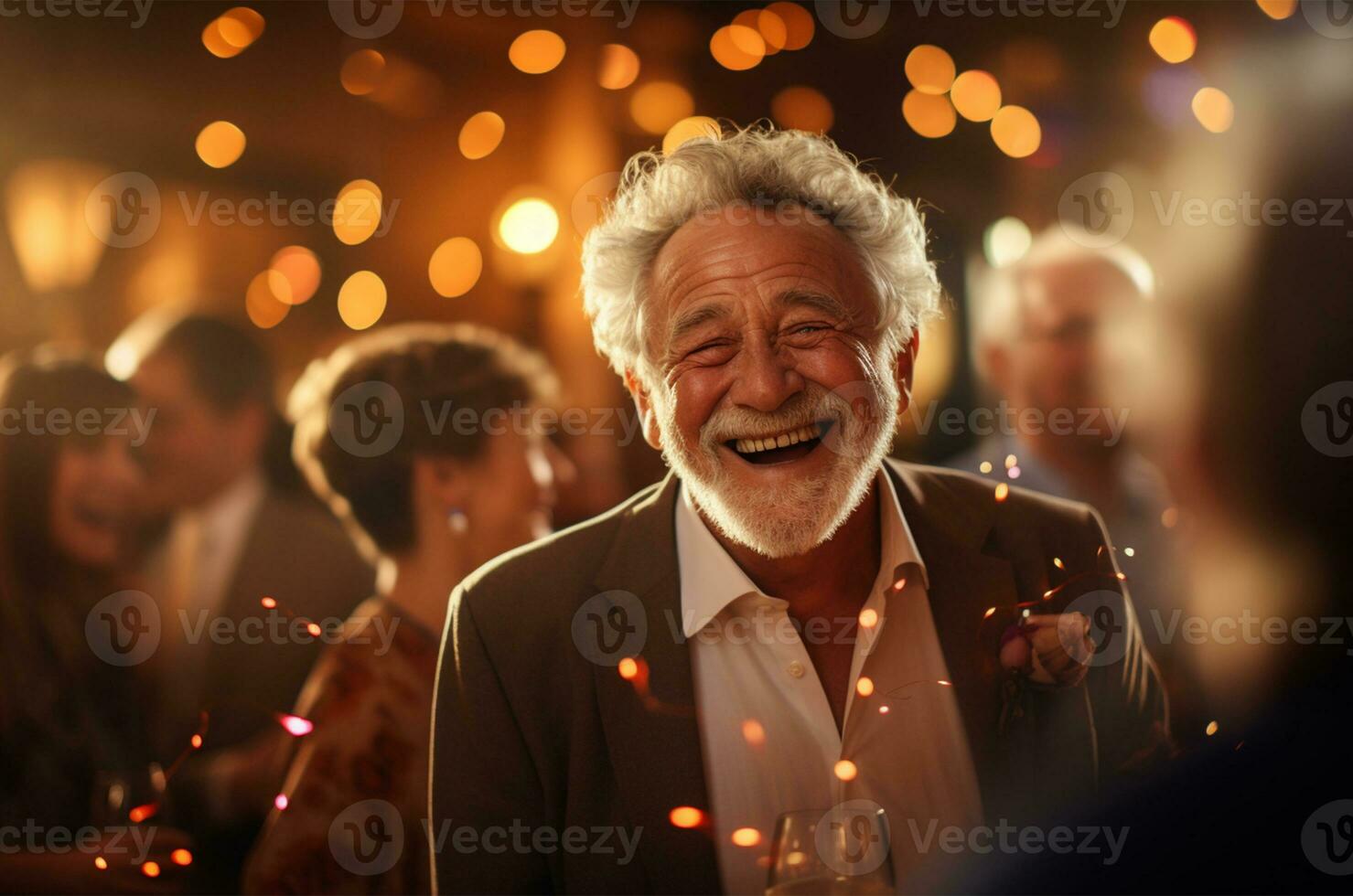 mayor hombre teniendo un fiesta con su amigos en un bar a hogar ai generado foto