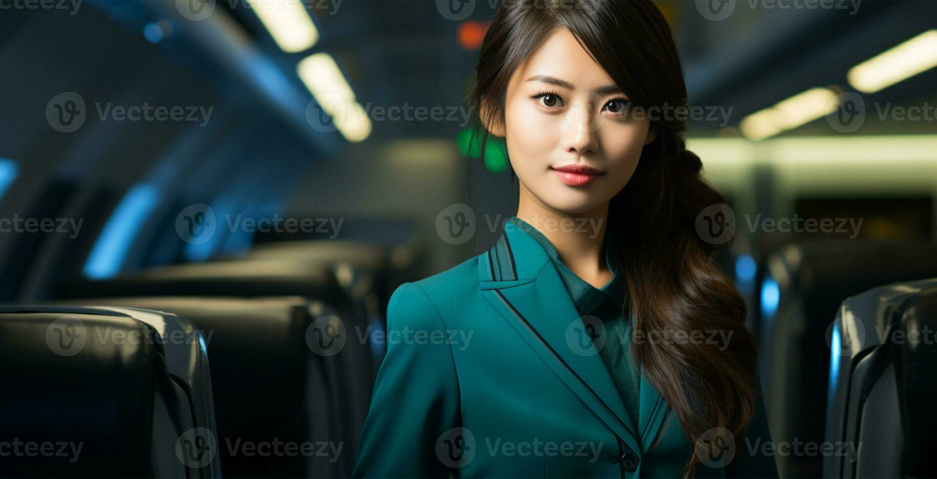 Portrait of asian businesswoman in airplane, she is a flight attendant AI Generated photo