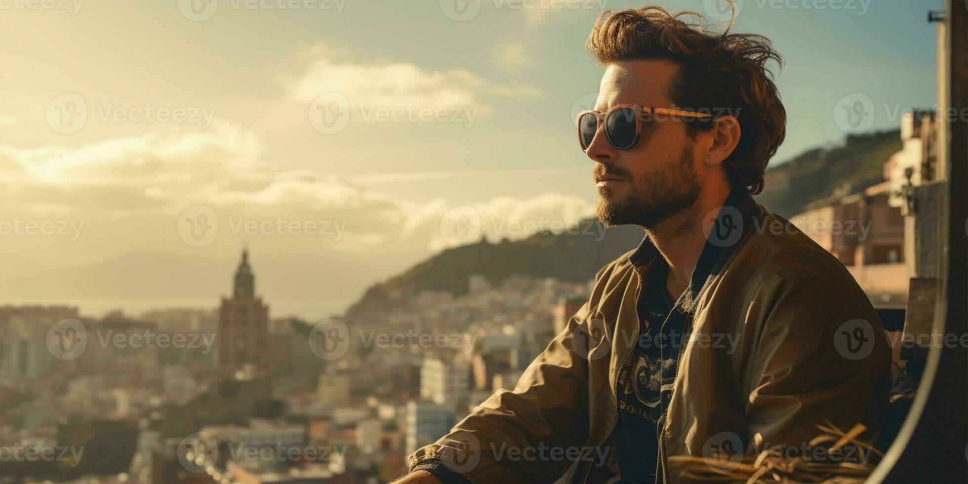 hermoso joven hombre en Gafas de sol sentado en el balcón y disfrutando el ver de el ciudad ai generado foto