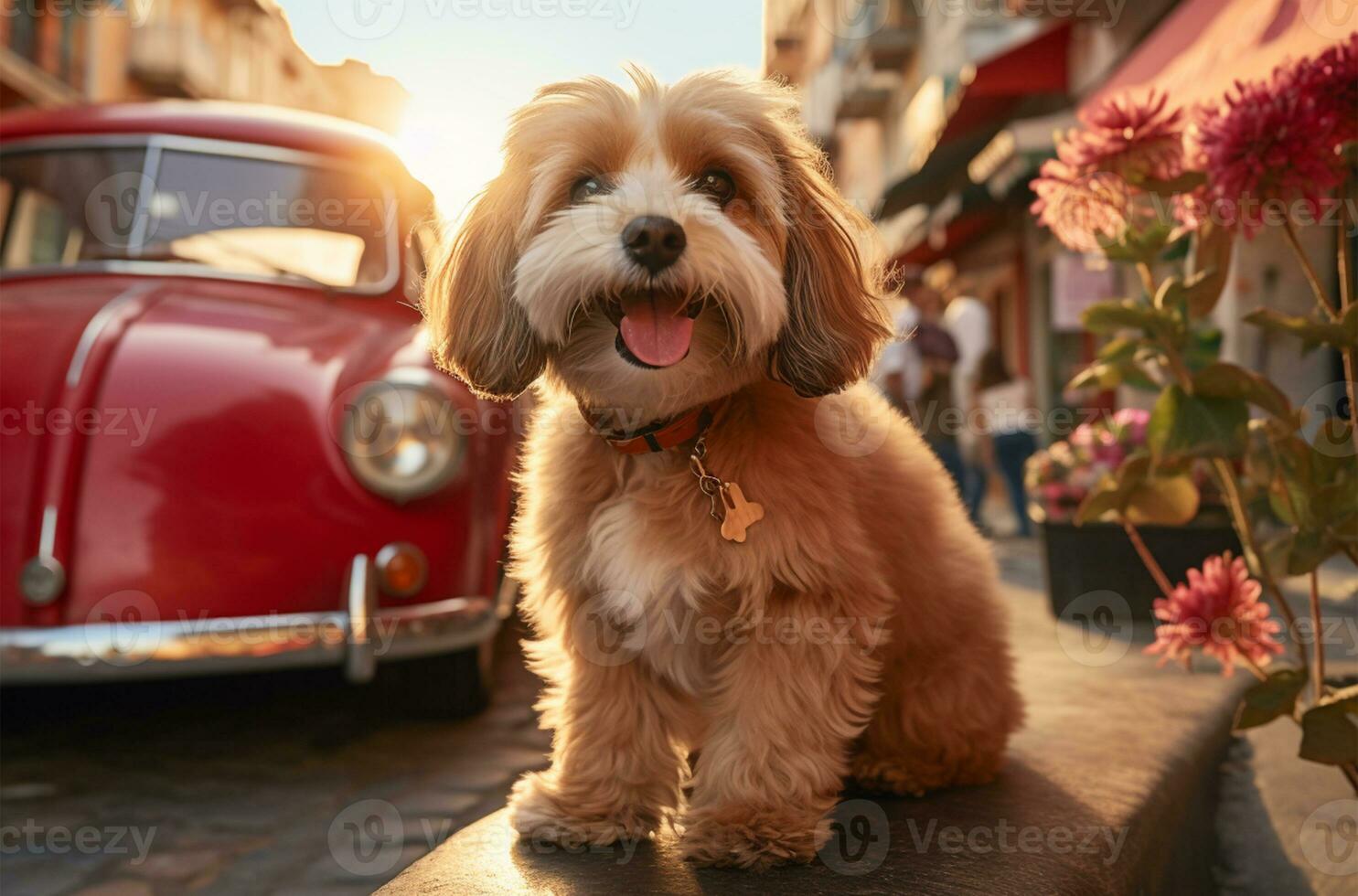 Dog looking out of the car window at sunset AI Generated photo