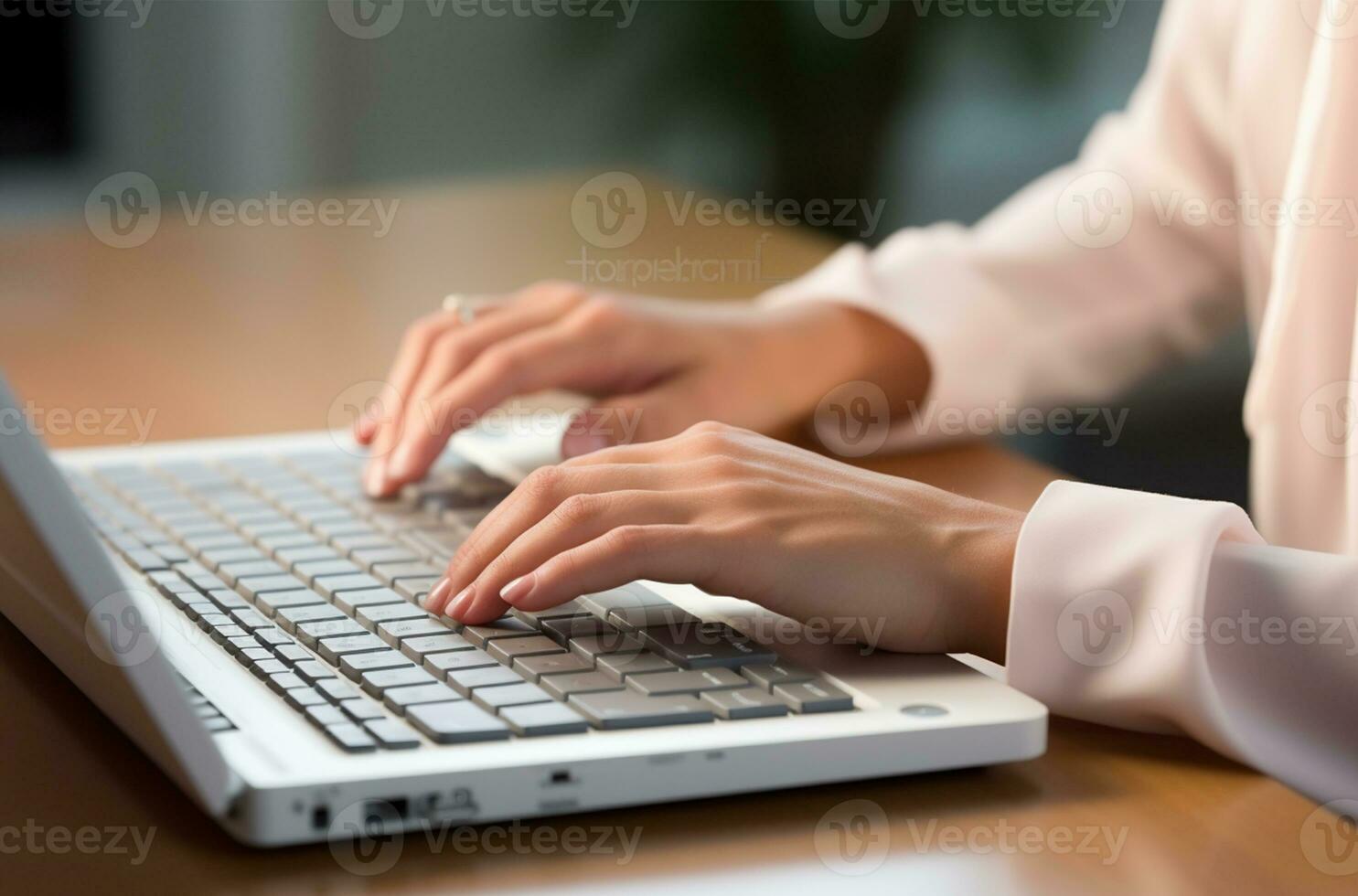 Close up of businesswoman hands typing on laptop keyboard at desk in office AI Generated photo