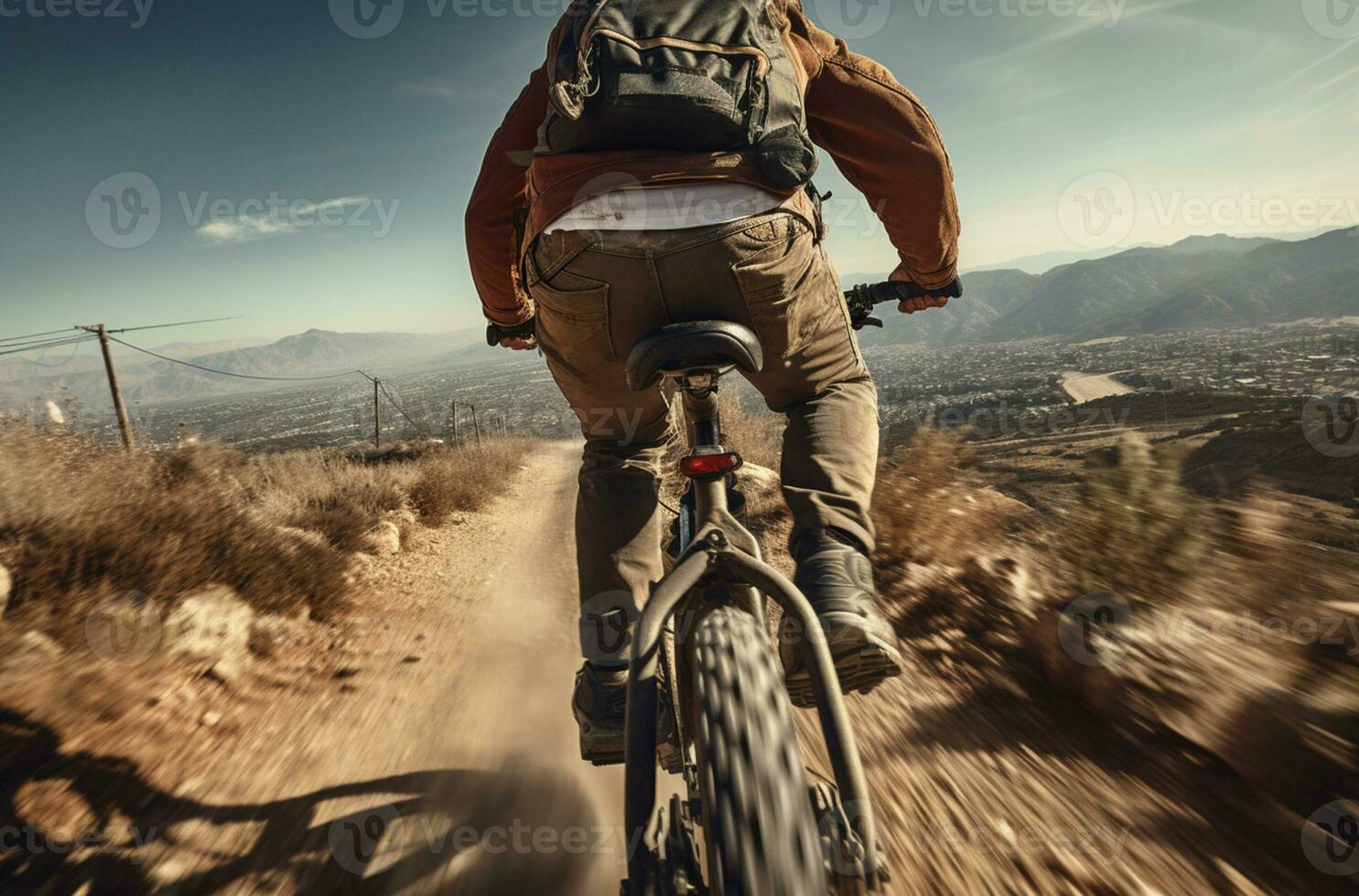 Cyclist Riding the Mountain Bike on the Dirt Road. Extreme Sport Concept AI Generated photo