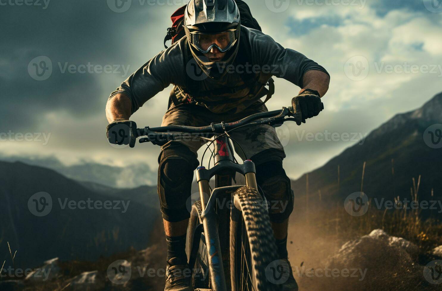 Cyclist Riding the Mountain Bike on the Dirt Road. Extreme Sport Concept AI Generated photo