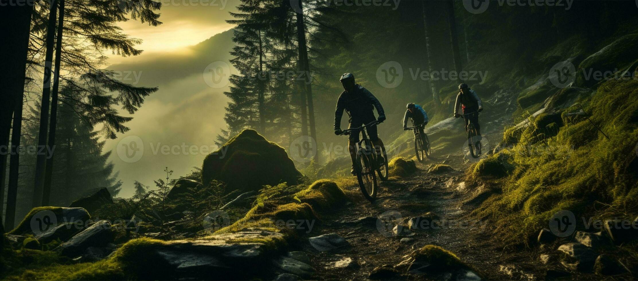 Cyclist Riding the Mountain Bike on the Dirt Road. Extreme Sport Concept AI Generated photo