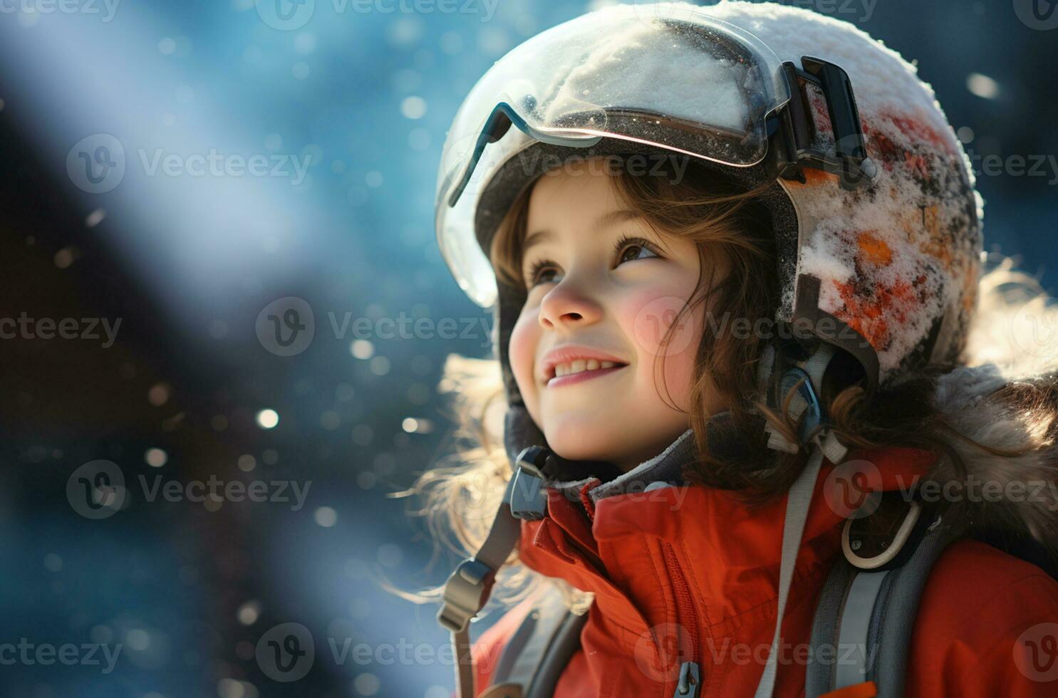 Portrait of young girl in helmet and goggles at ski resort AI Generated