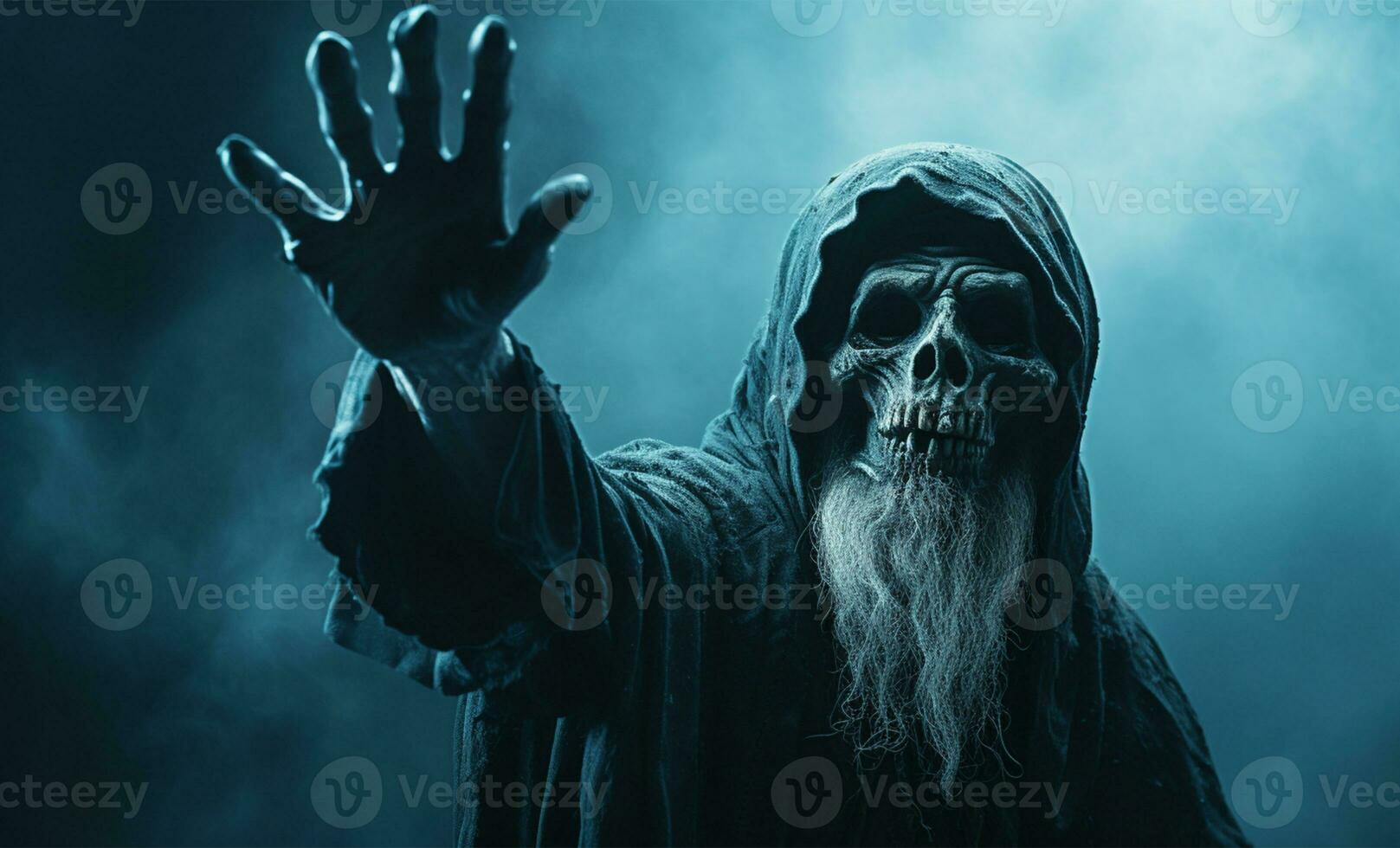 Scary halloween concept with scary zombie man on dark background AI Generated photo