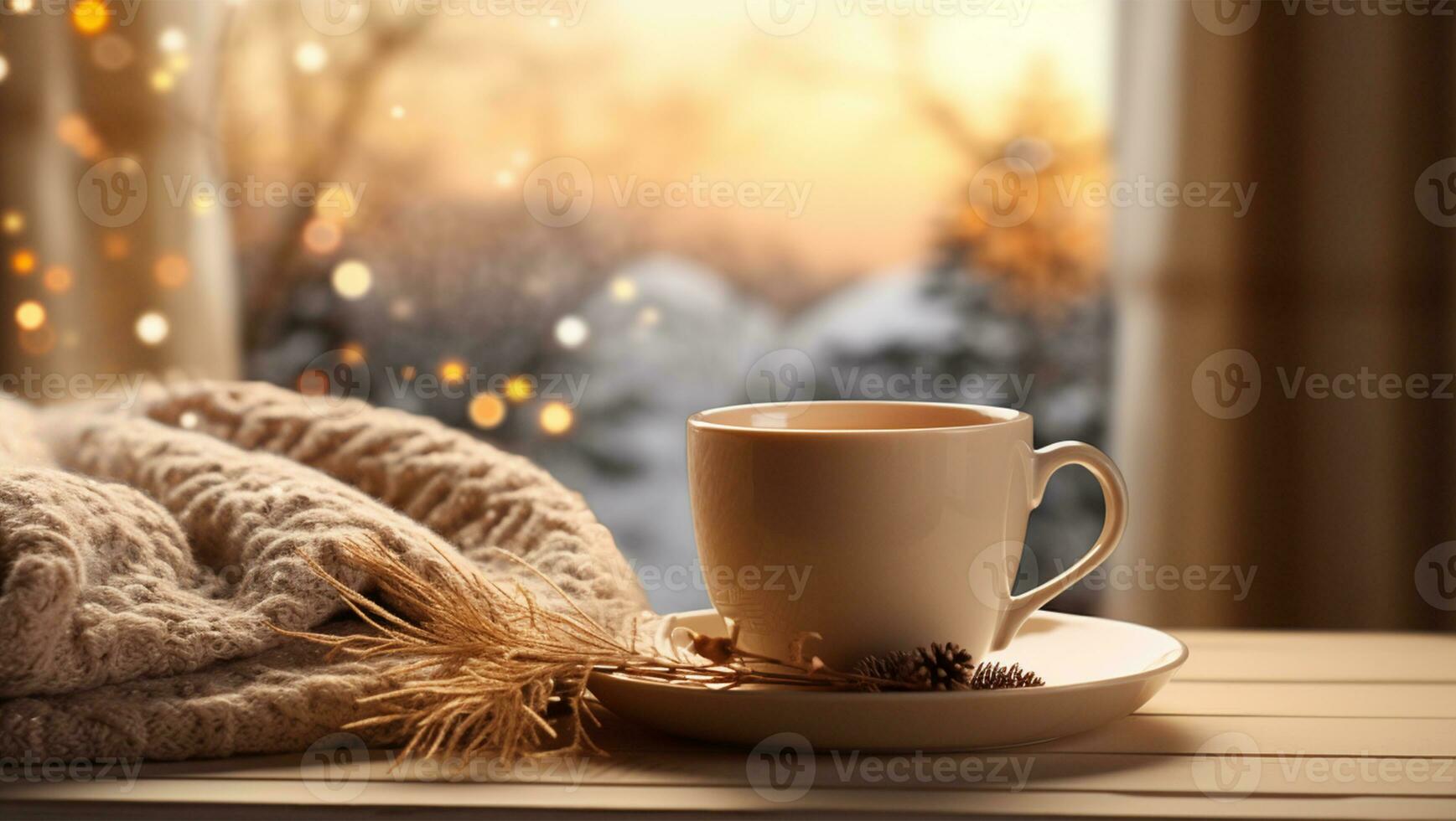 Cup of coffee with knitted plaid on windowsill at winter day AI Generated photo