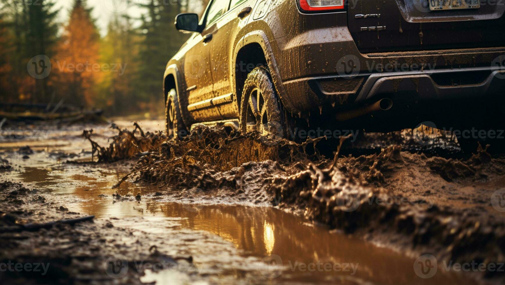 Off road vehicle on muddy road with mud splashes in the countryside AI Generated photo