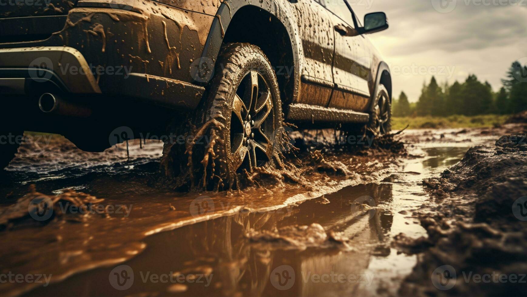 Off road vehicle on muddy road with mud splashes in the countryside AI Generated photo