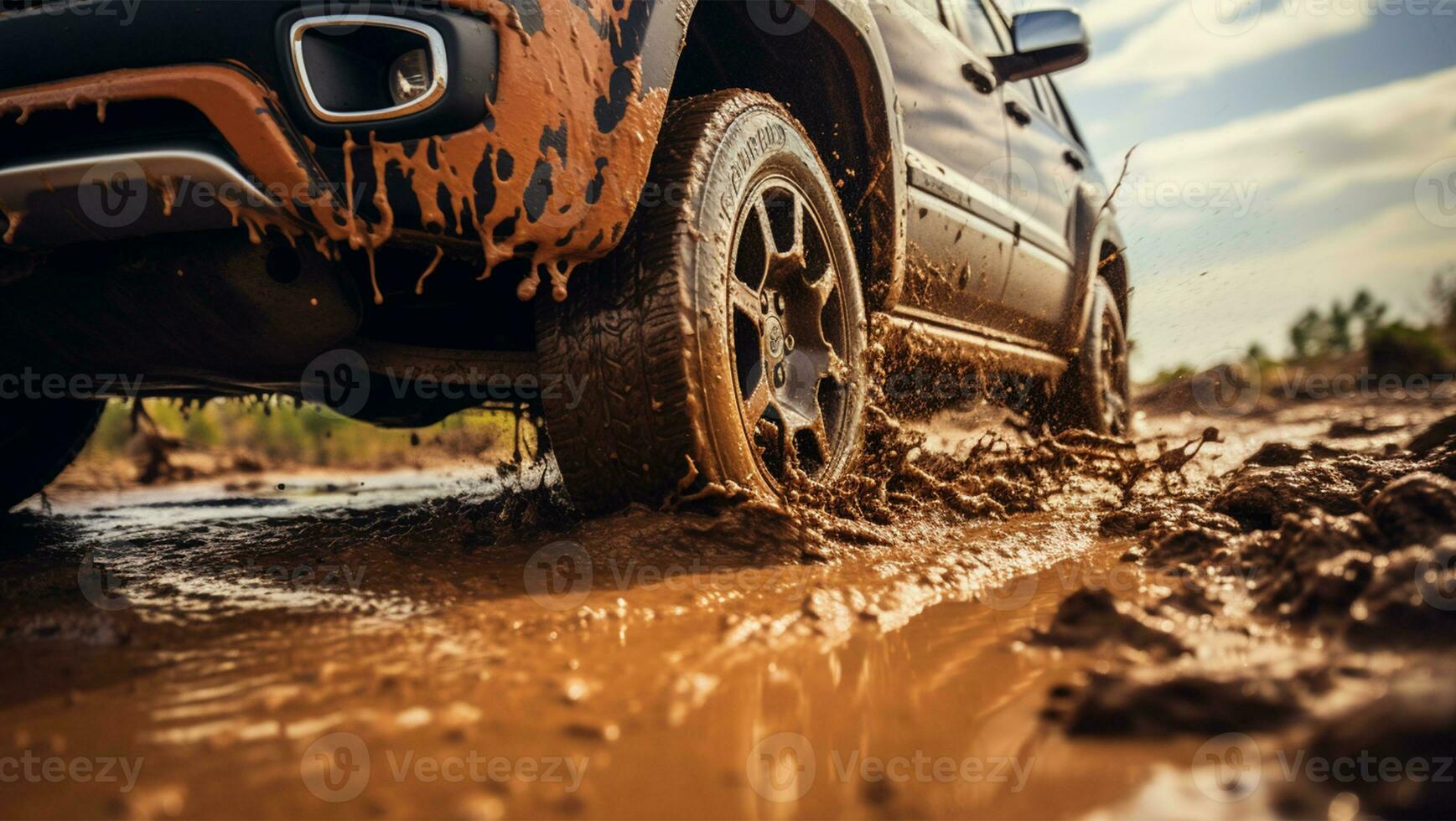 Off road vehicle on muddy road with mud splashes in the countryside AI Generated photo