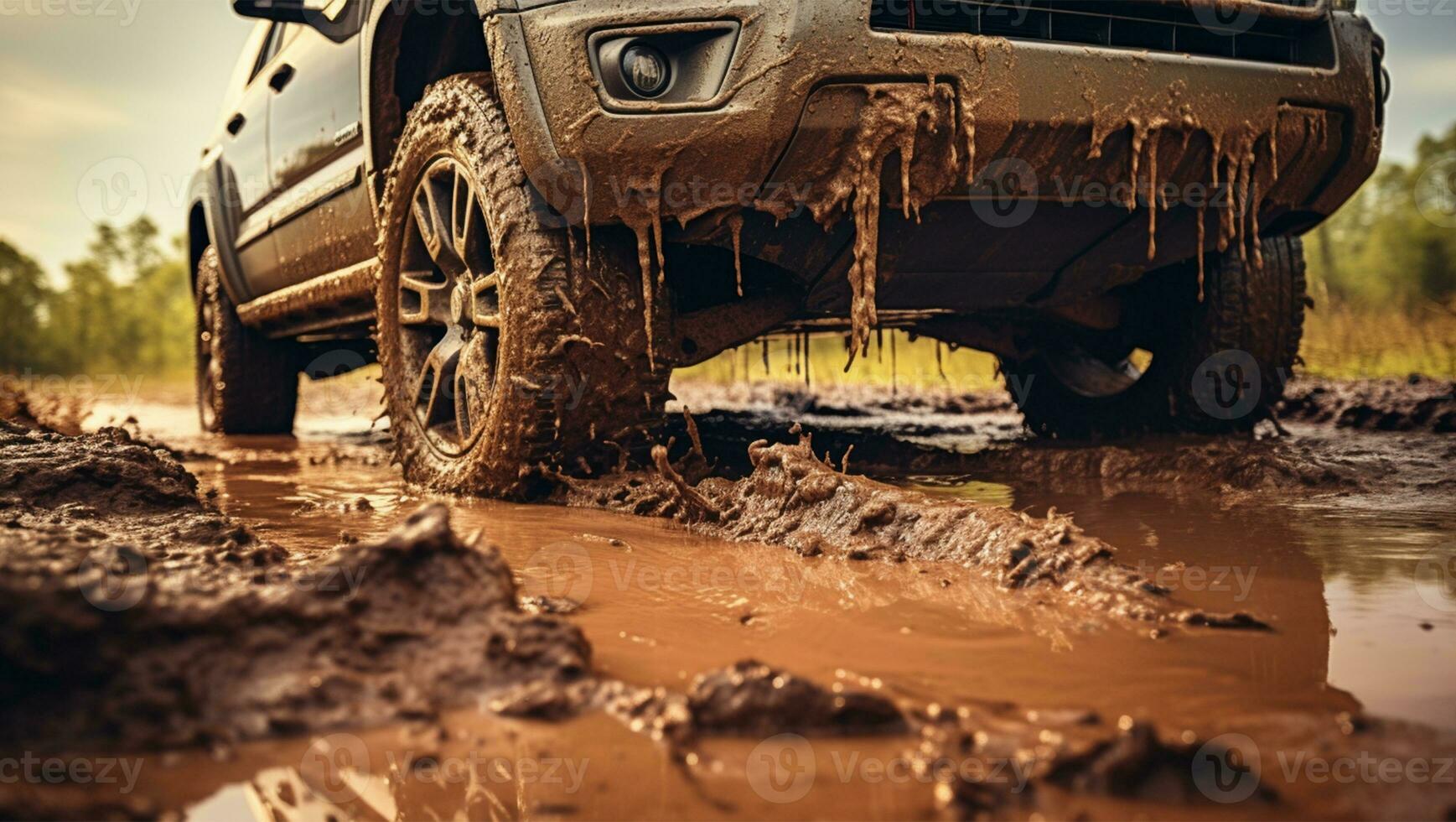 Off road vehicle on muddy road with mud splashes in the countryside AI Generated photo