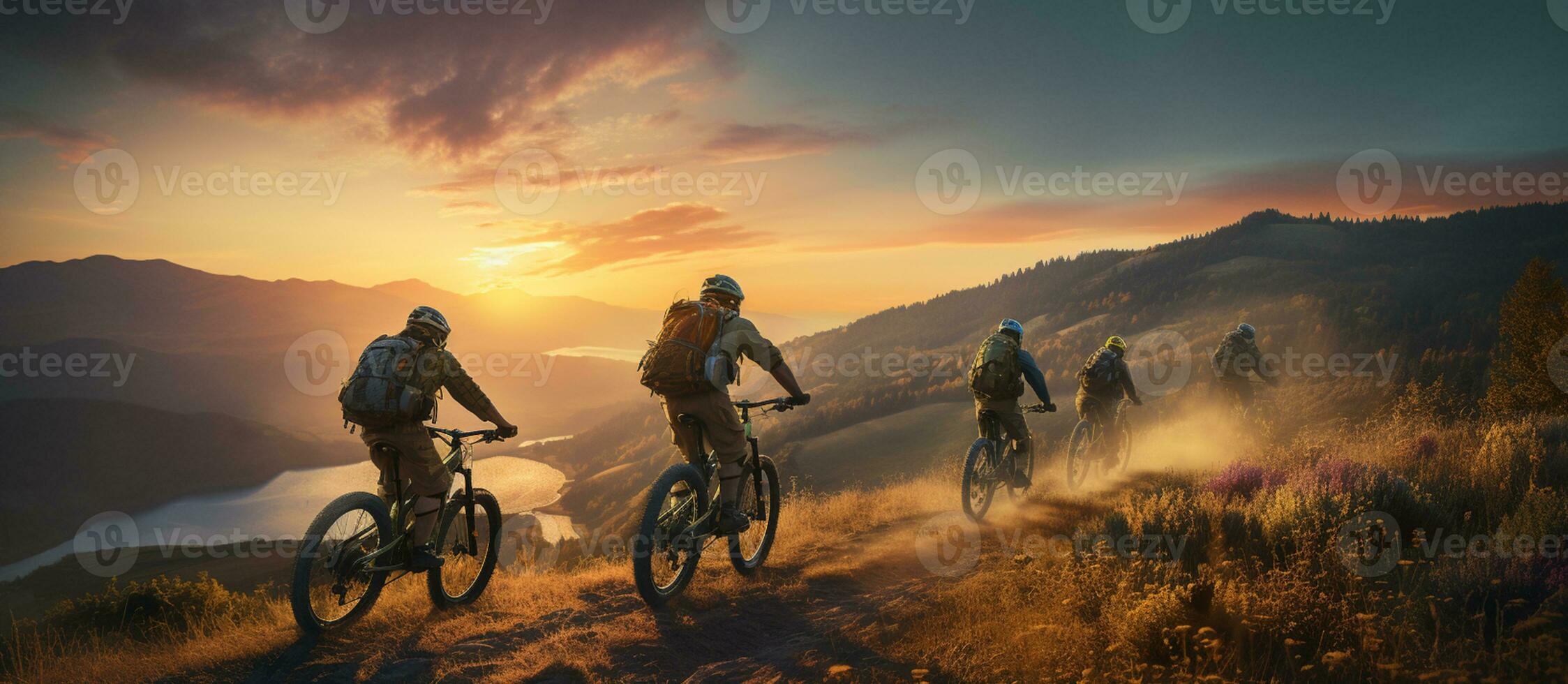 Mountain biking in the mountains at sunset. Sport and active life concept AI Generated photo