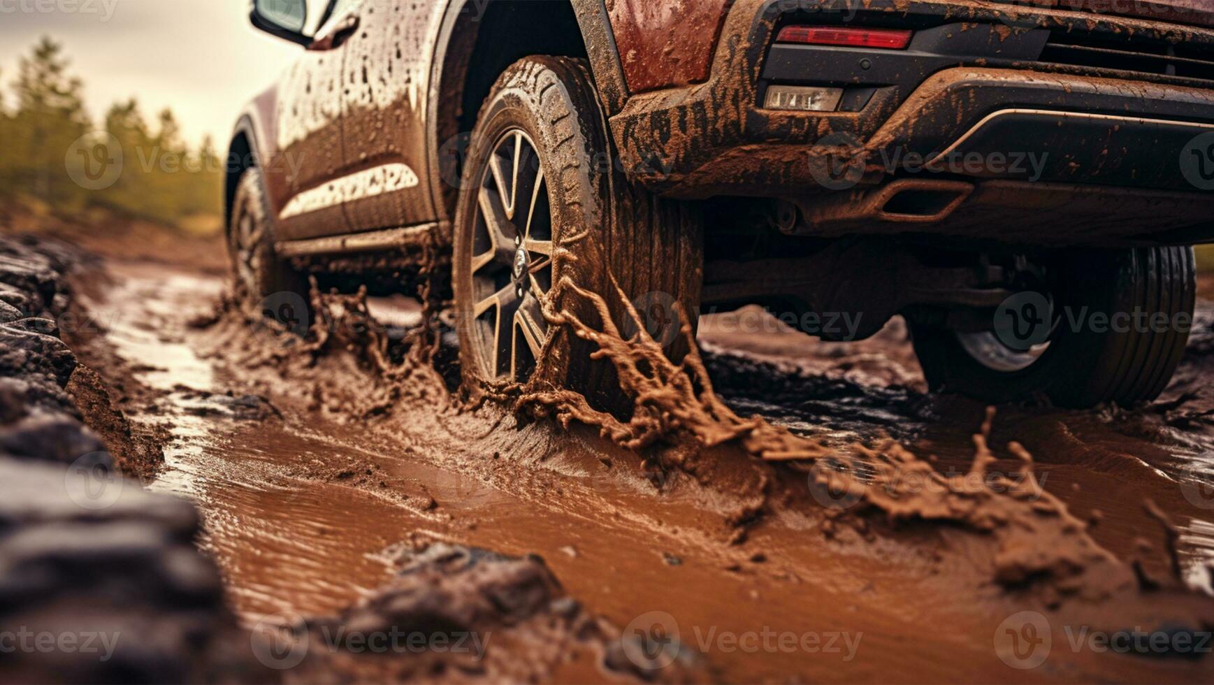 Off road vehicle on muddy road with mud splashes in the countryside AI Generated photo