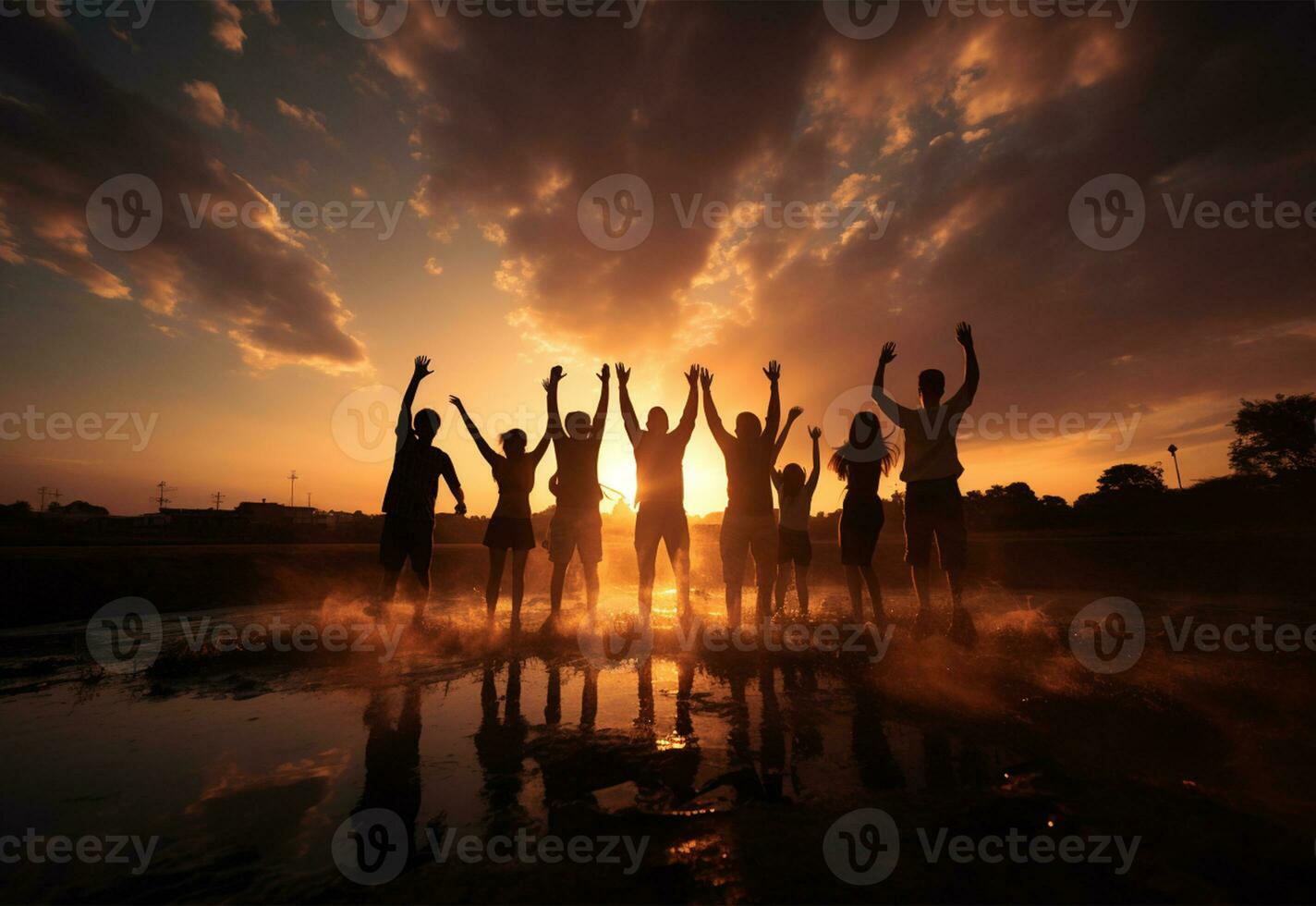 Silhouette of a group of friends standing on top of a mountain and looking at the sunset AI Generated photo