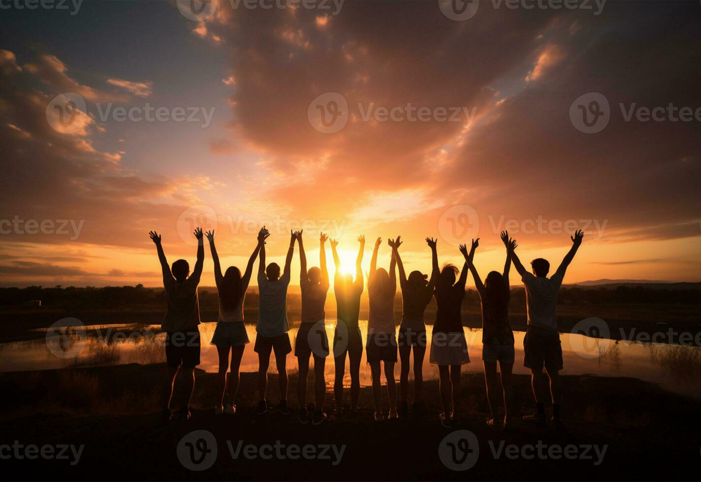 Silhouette of a group of friends standing on top of a mountain and looking at the sunset AI Generated photo