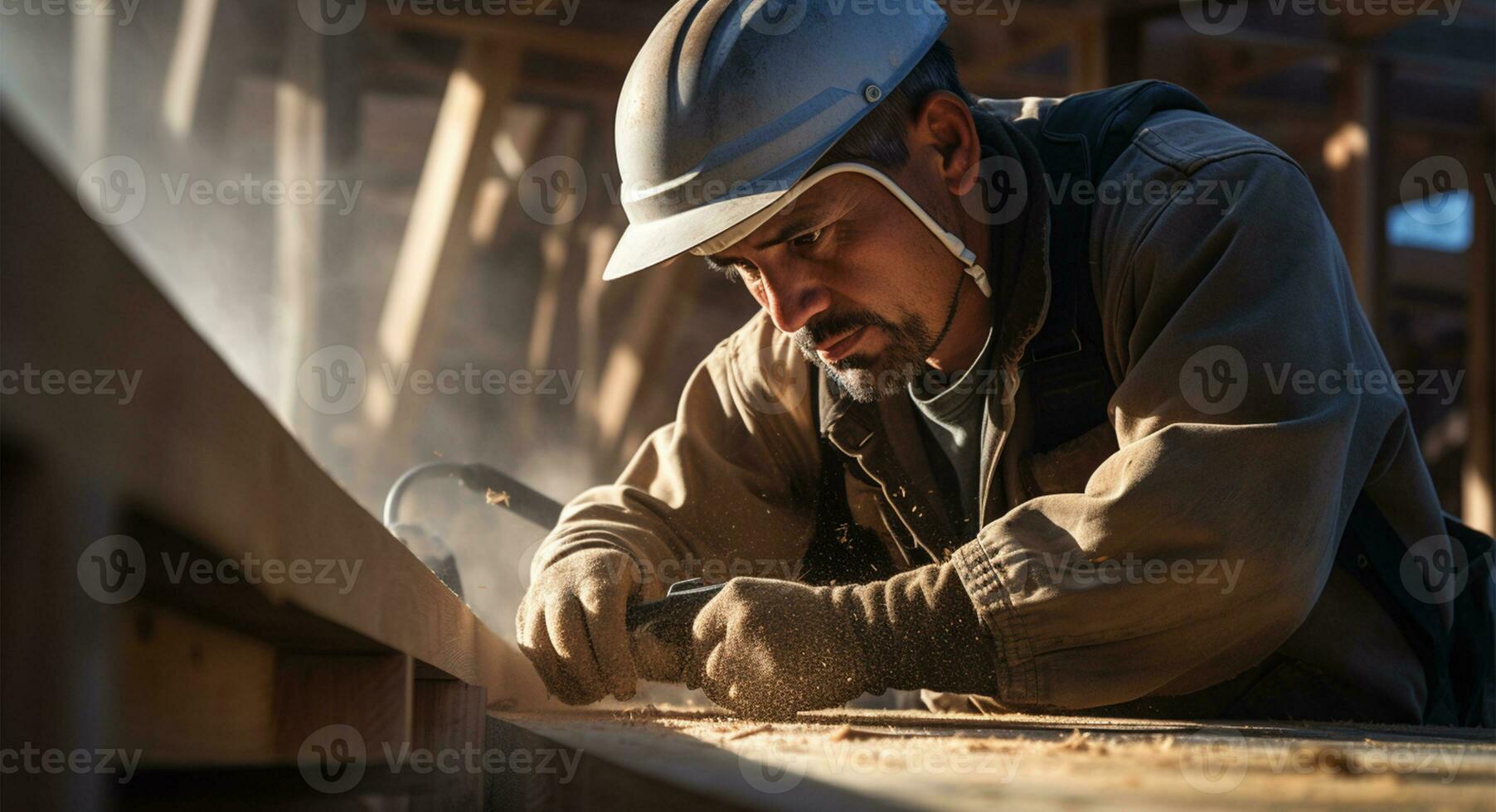 Carpenter working on a woodwork at a construction site AI Generated photo