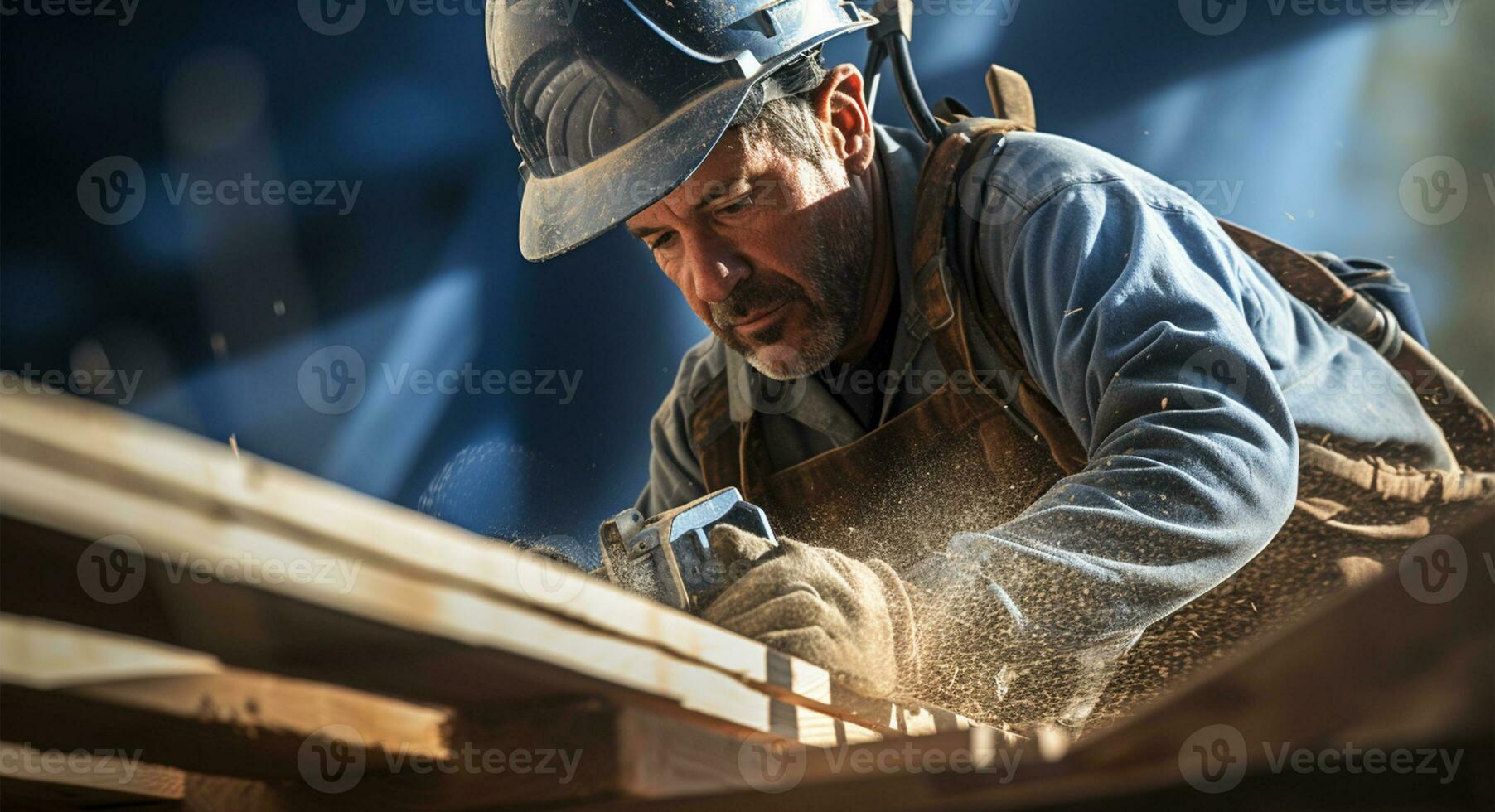 Carpenter working on a woodwork at a construction site AI Generated photo