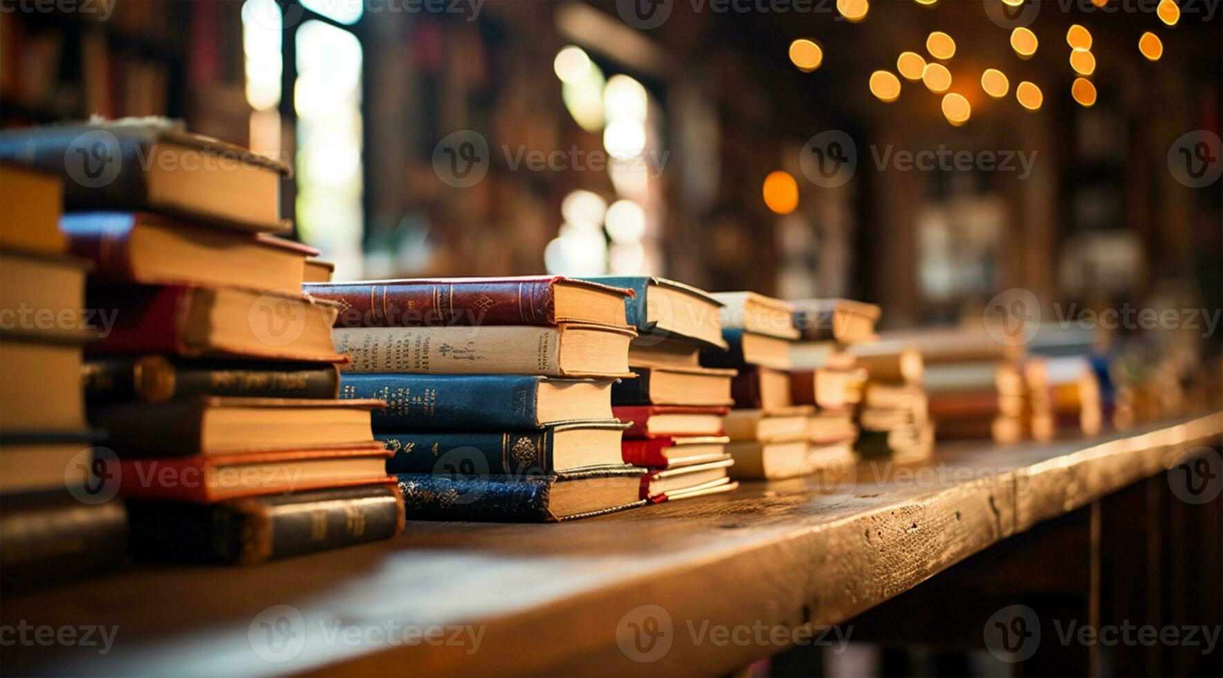 libros en un de madera estante en el biblioteca. selectivo atención ai generado foto