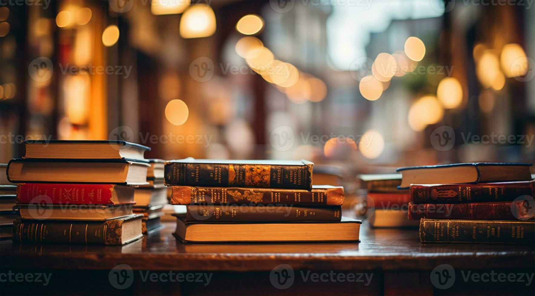 antiguo libros en un mesa en un biblioteca. selectivo atención ai generado foto