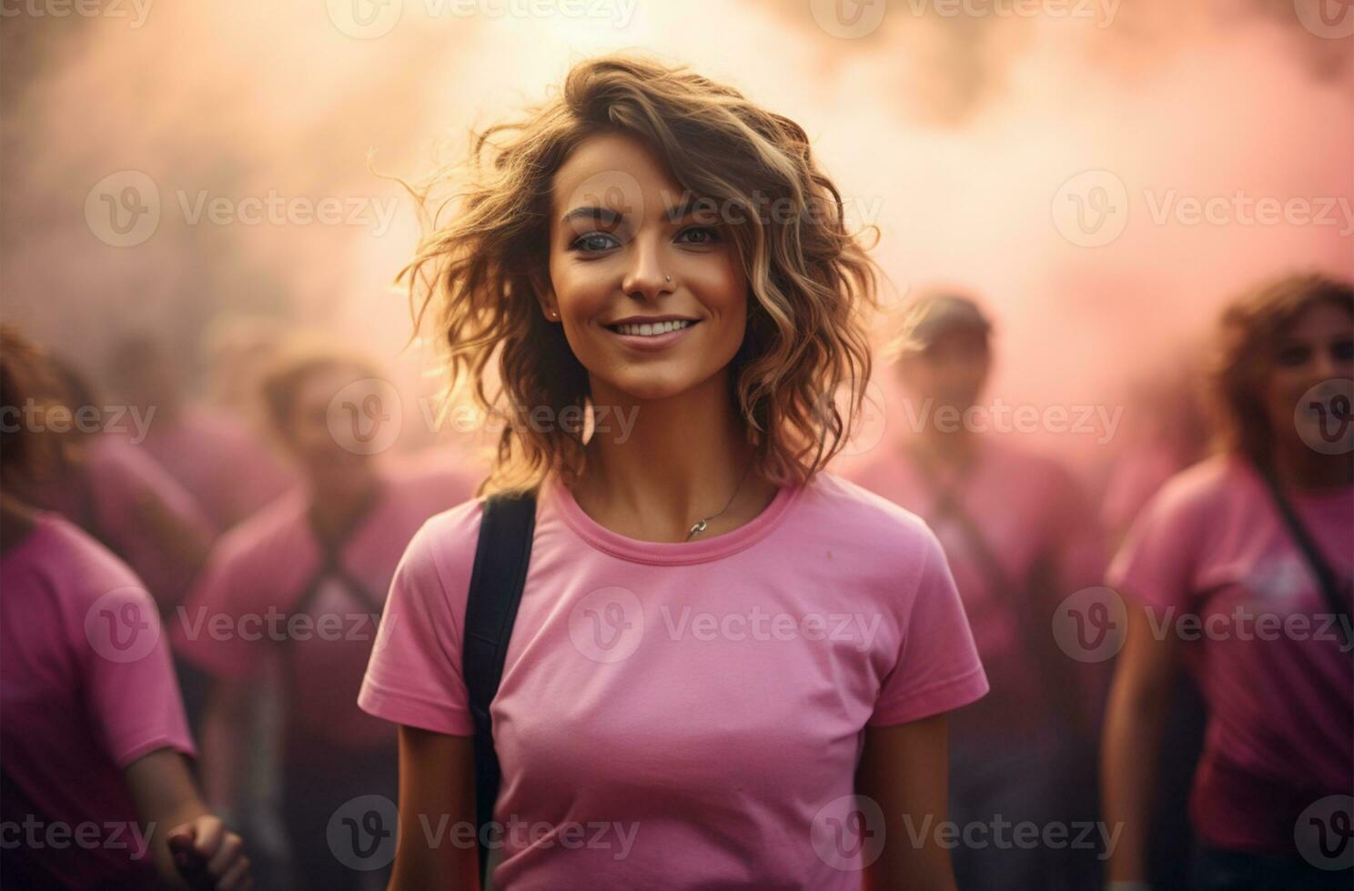 Beautiful young woman in sportswear running outdoors on sunny day. Pink October campaign and Cancer prevention and women support AI Generated photo