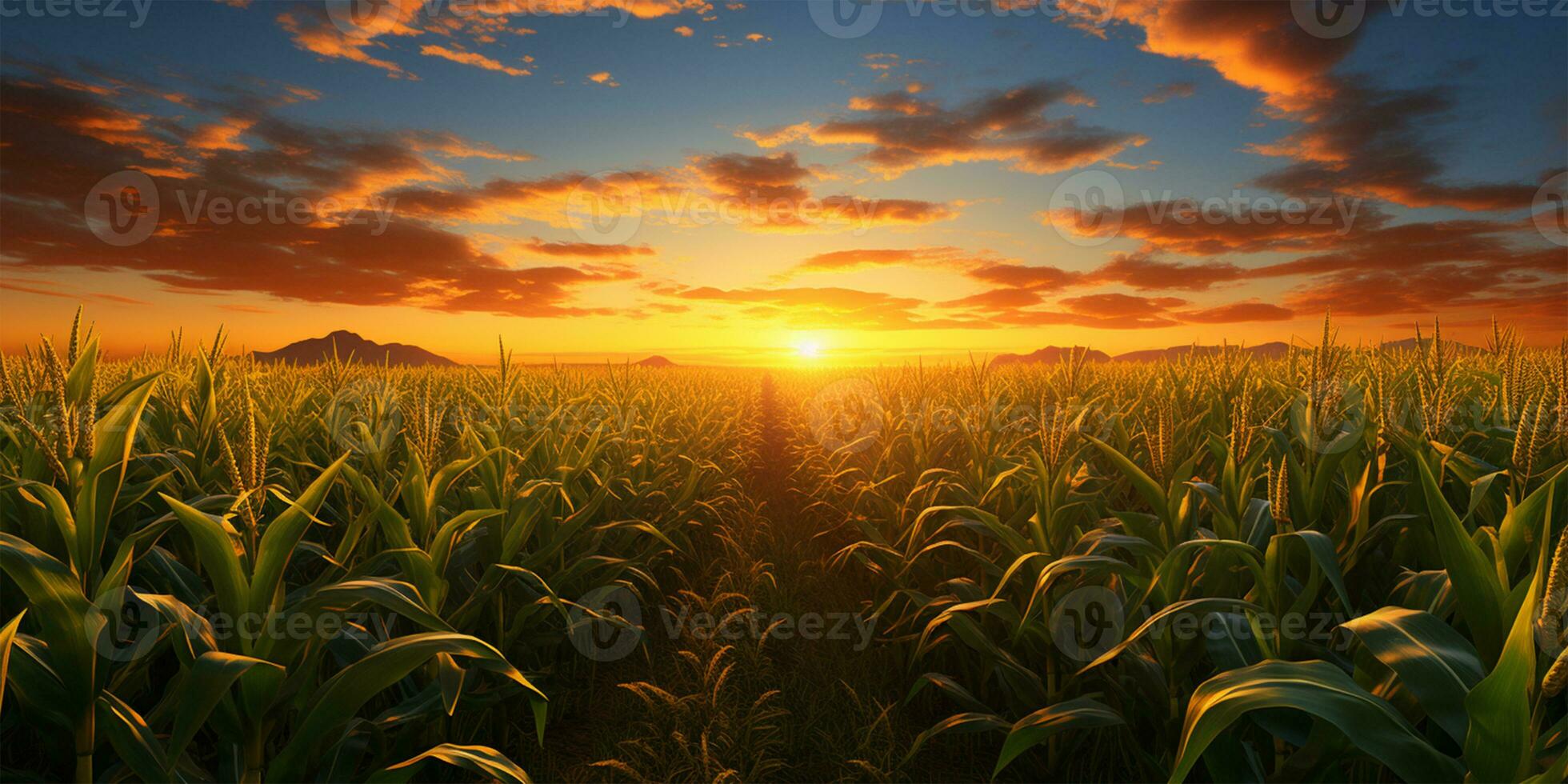 Sunset over a corn field with mountains in the background. Agricultural landscape AI Generated photo