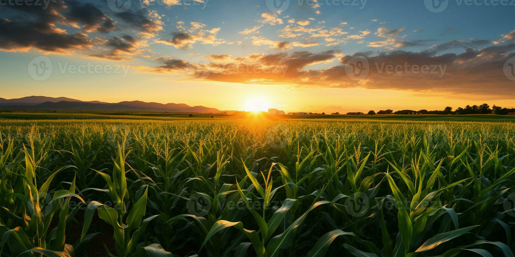 puesta de sol terminado un maíz campo con montañas en el antecedentes. agrícola paisaje ai generado foto