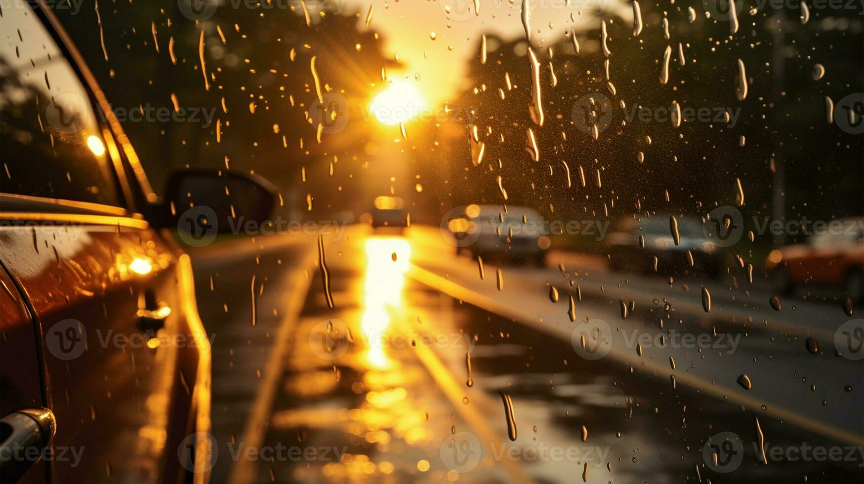 Car on the road with raindrops on the glass, blurred background AI Generated photo