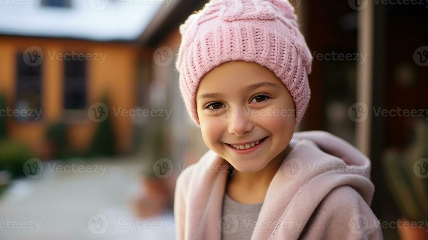 Portrait of a beautiful american little child smiling. Breast Cancer Awareness Month AI Generated photo