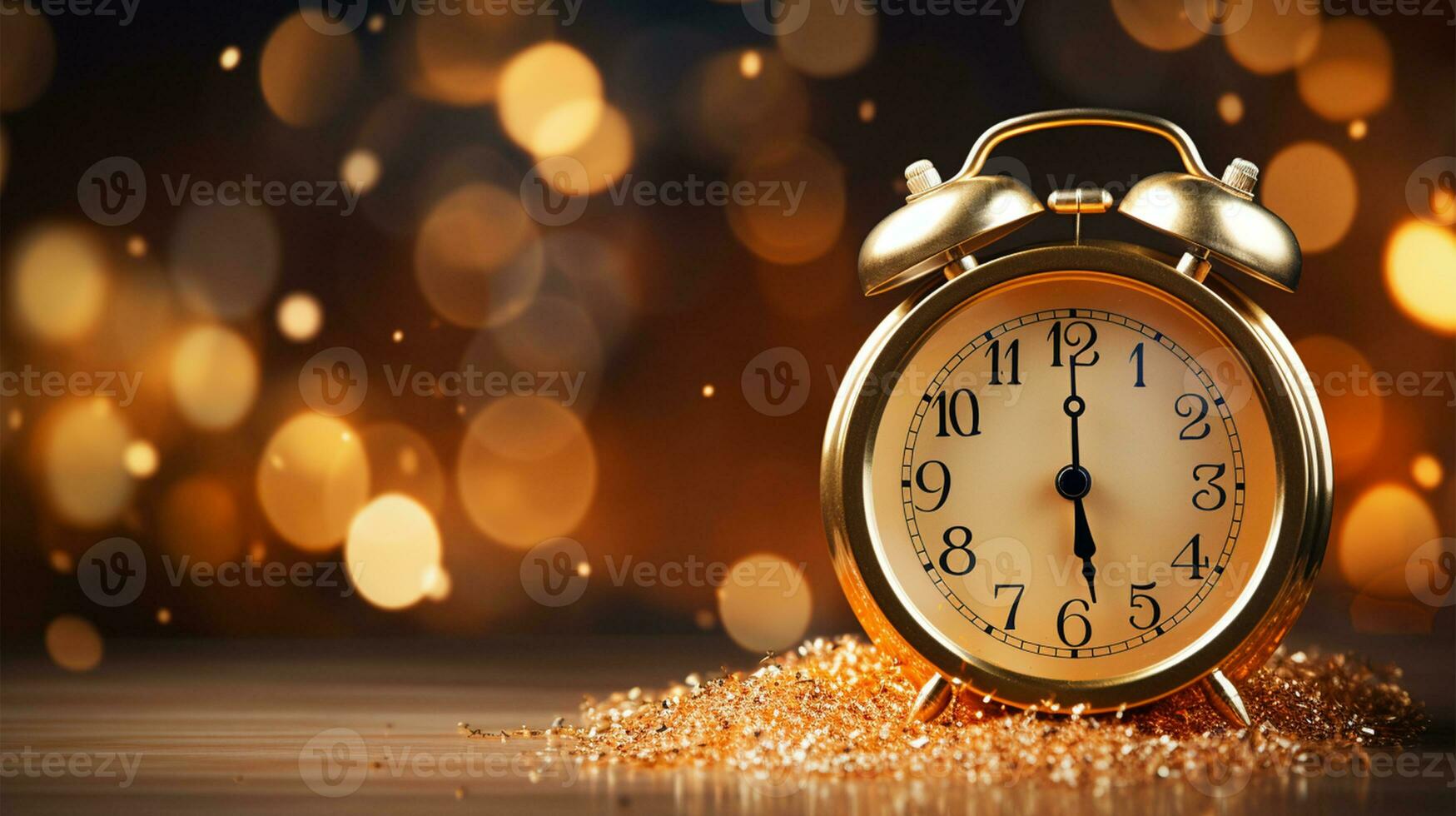 Alarm clock and Christmas decorations on table in room with blurred lights AI Generated photo