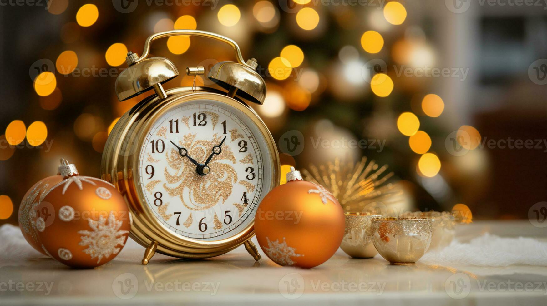 alarma reloj y Navidad decoraciones en mesa en habitación con borroso luces ai generado foto