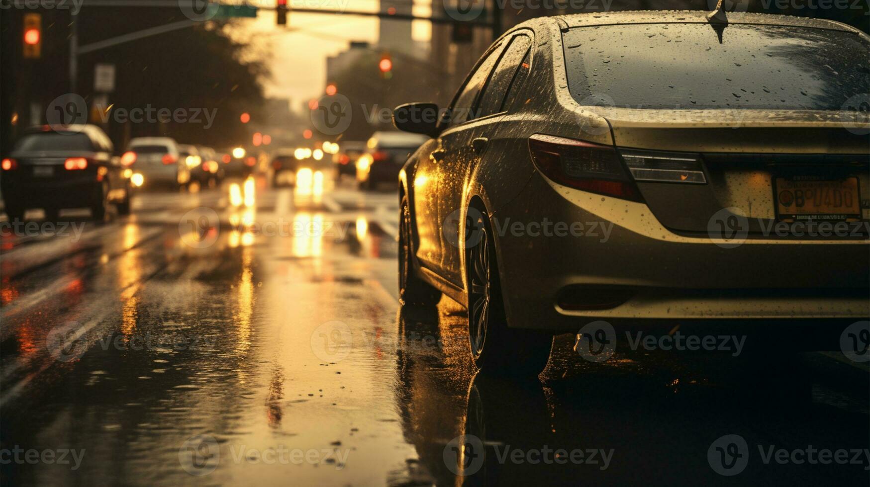 coche en el la carretera con gotas de lluvia en el vaso, borroso antecedentes ai generado foto