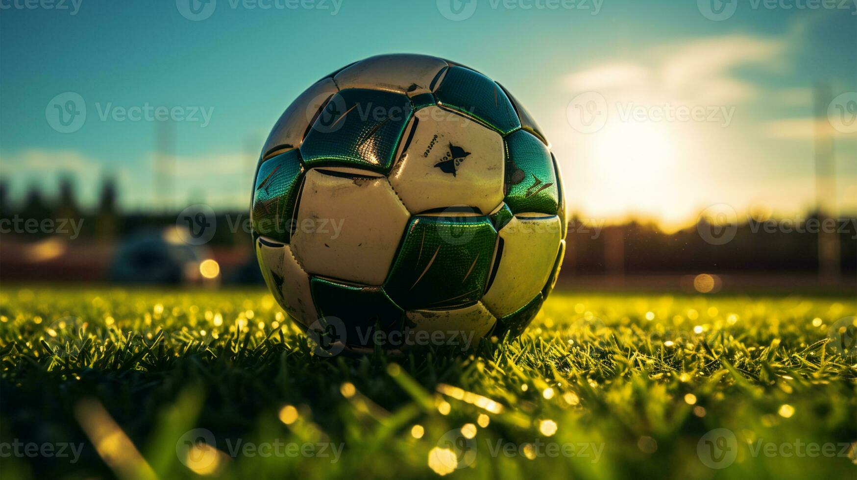 Soccer ball on green grass with sunset background. Soccer ball on football field AI Generated photo