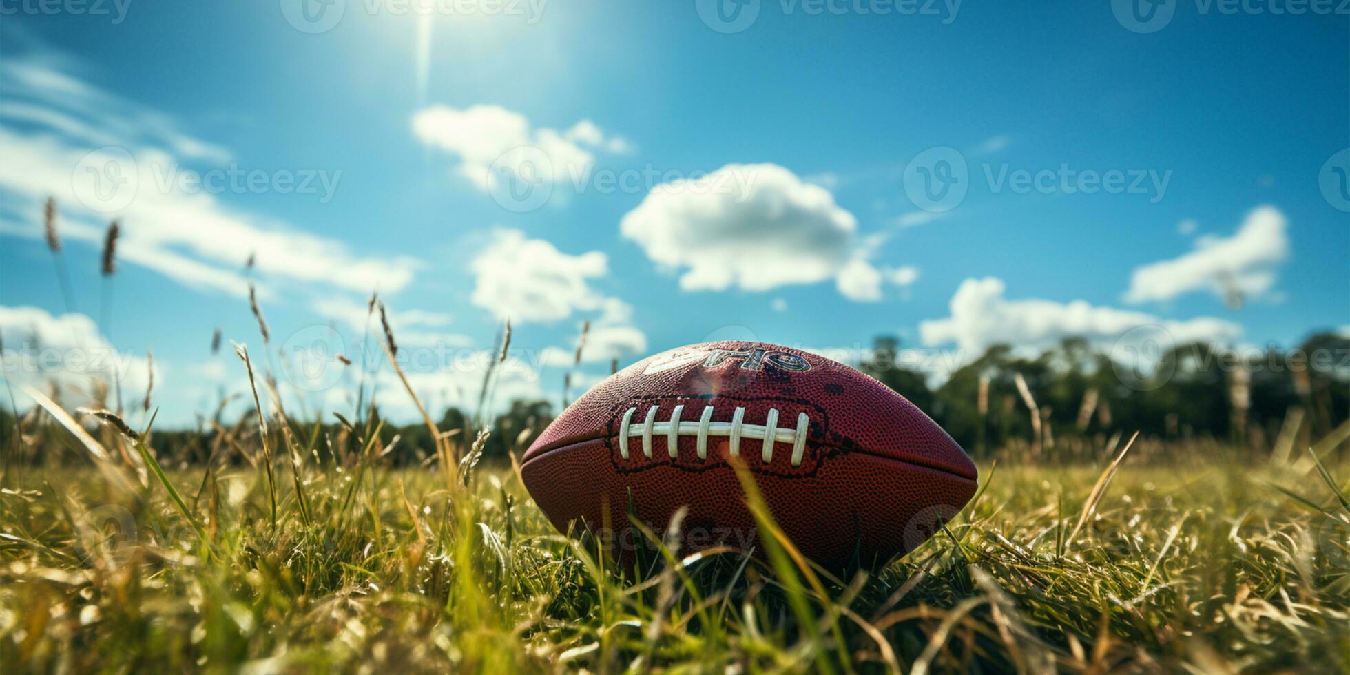 americano fútbol americano pelota en césped campo con azul cielo y nubes en antecedentes ai generado foto