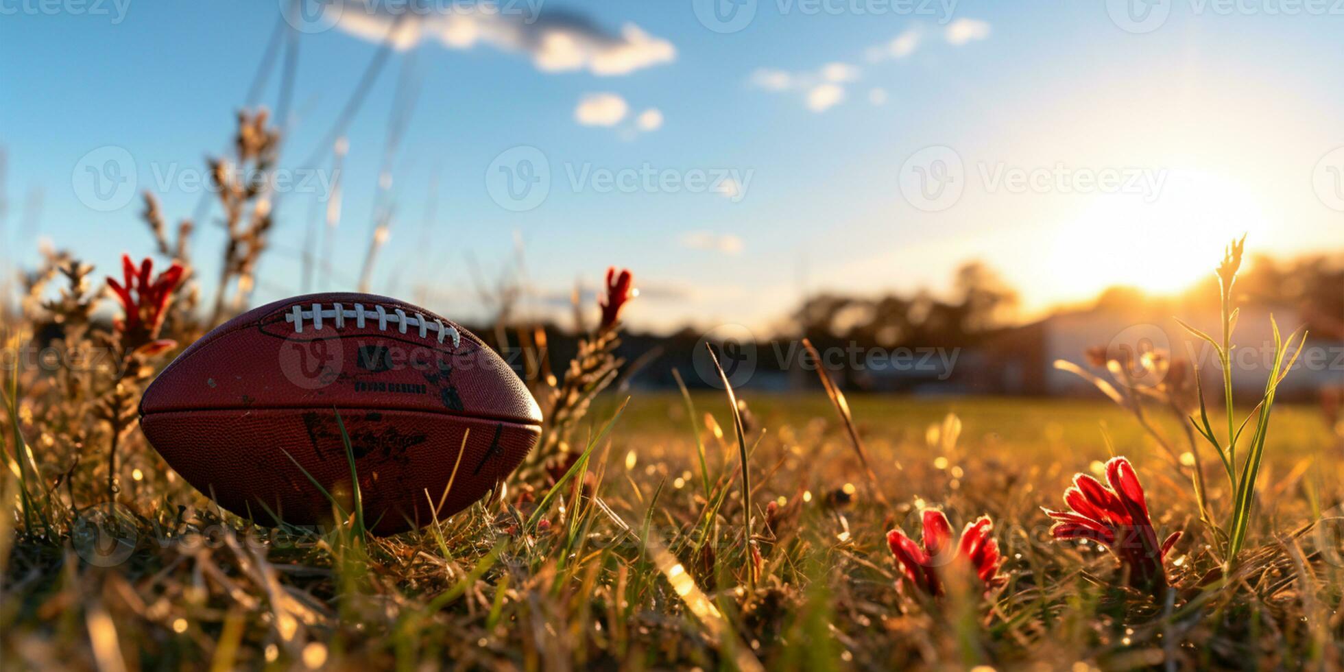 americano fútbol americano pelota en césped campo con azul cielo y nubes en antecedentes ai generado foto
