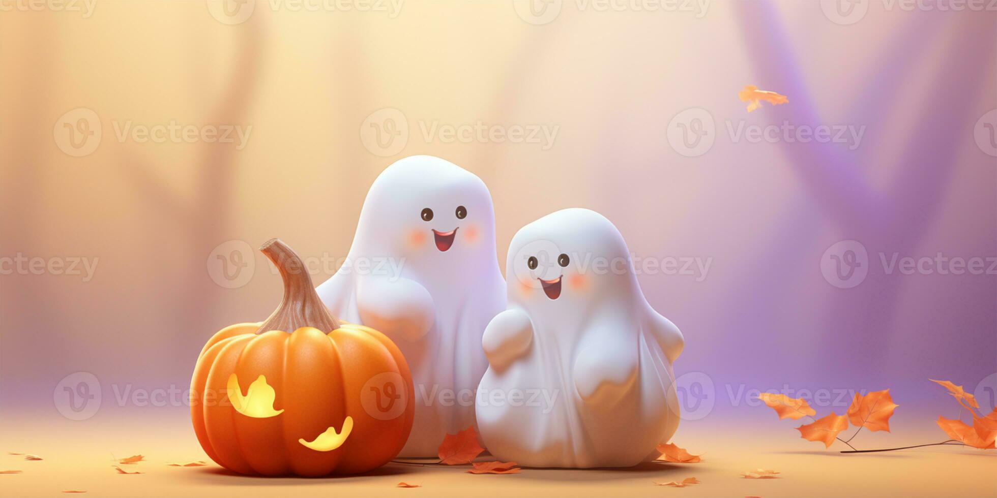Halloween background with ghosts and pumpkins. AI Generated photo