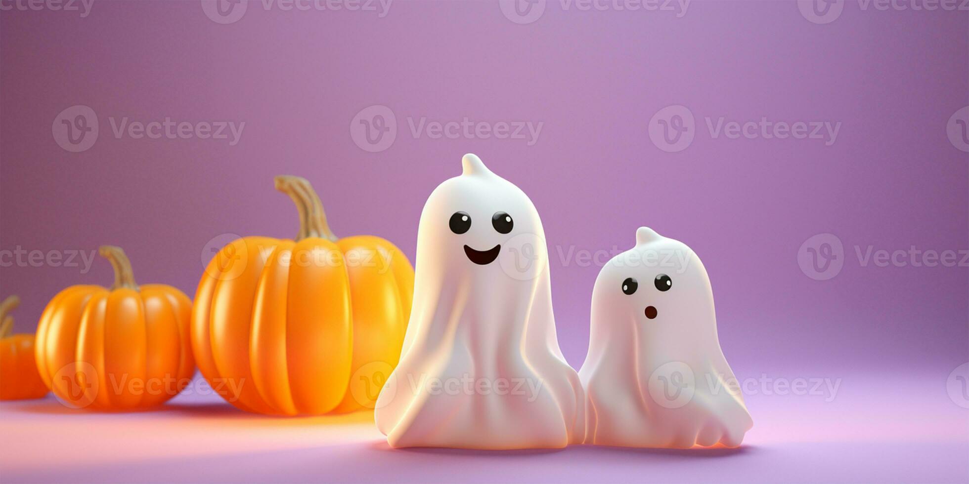 Halloween background with ghosts and pumpkins. AI Generated photo