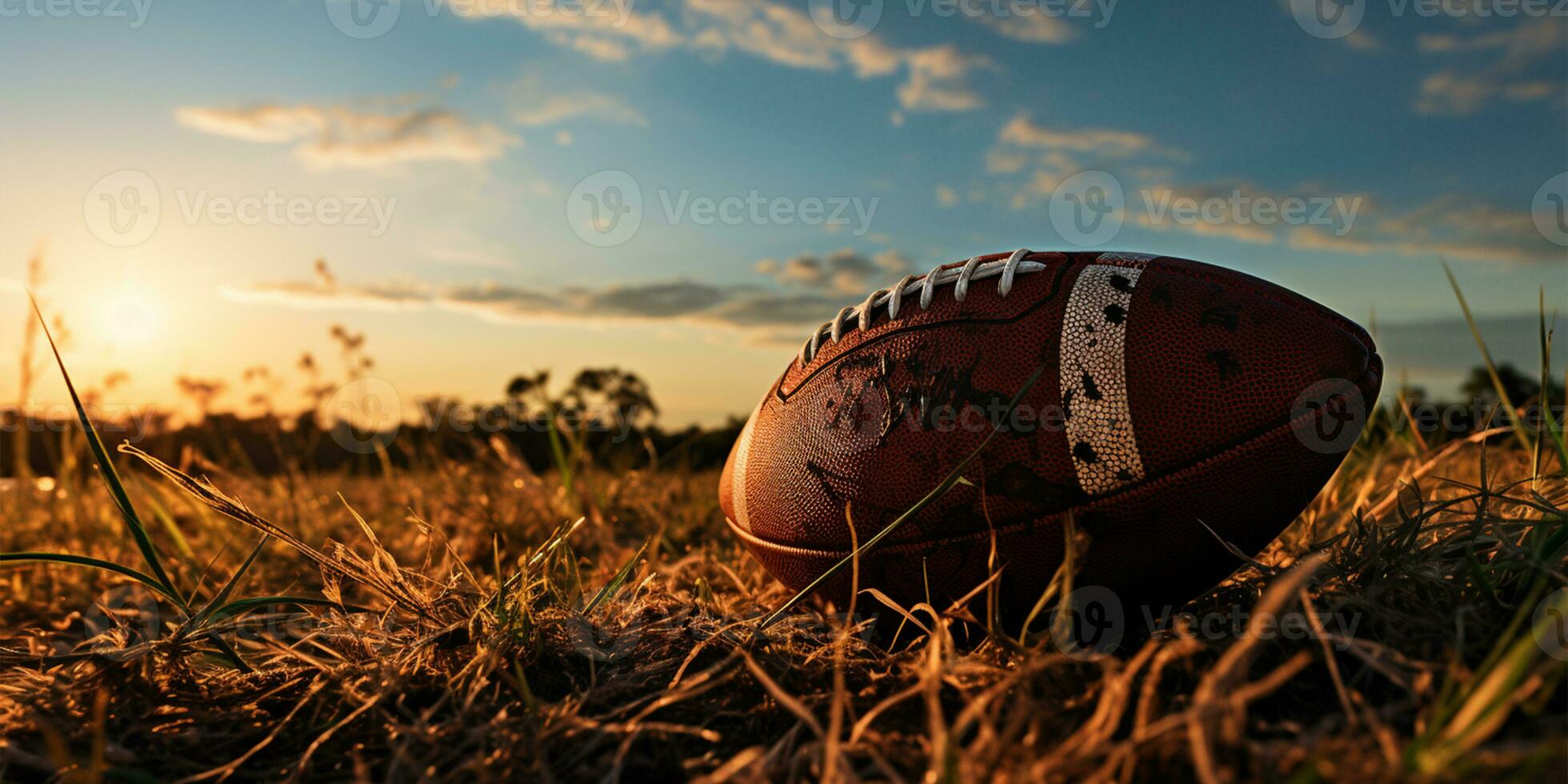 American football ball on grass field with blue sky and clouds in background AI Generated photo