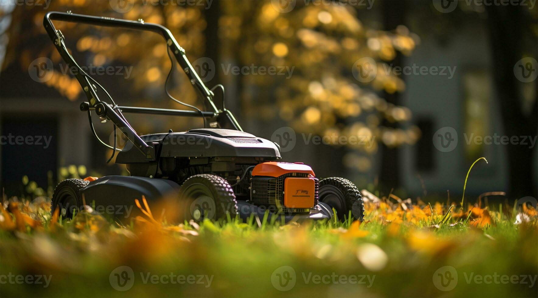 césped cortacésped en el césped en el otoño jardín. jardinería concepto ai generado foto