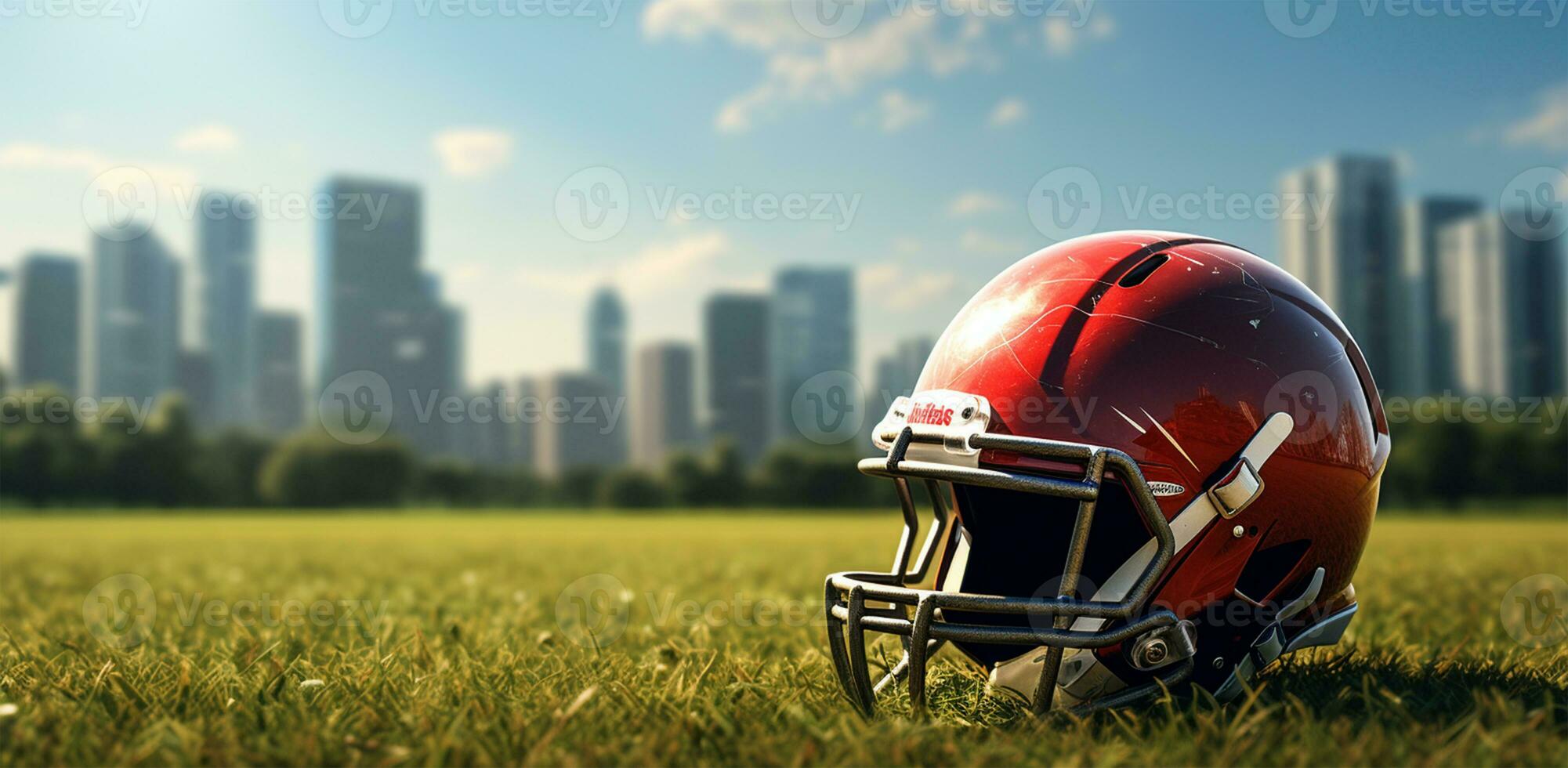 American football helmet on green grass. Close-up of sports equipment AI Generated photo