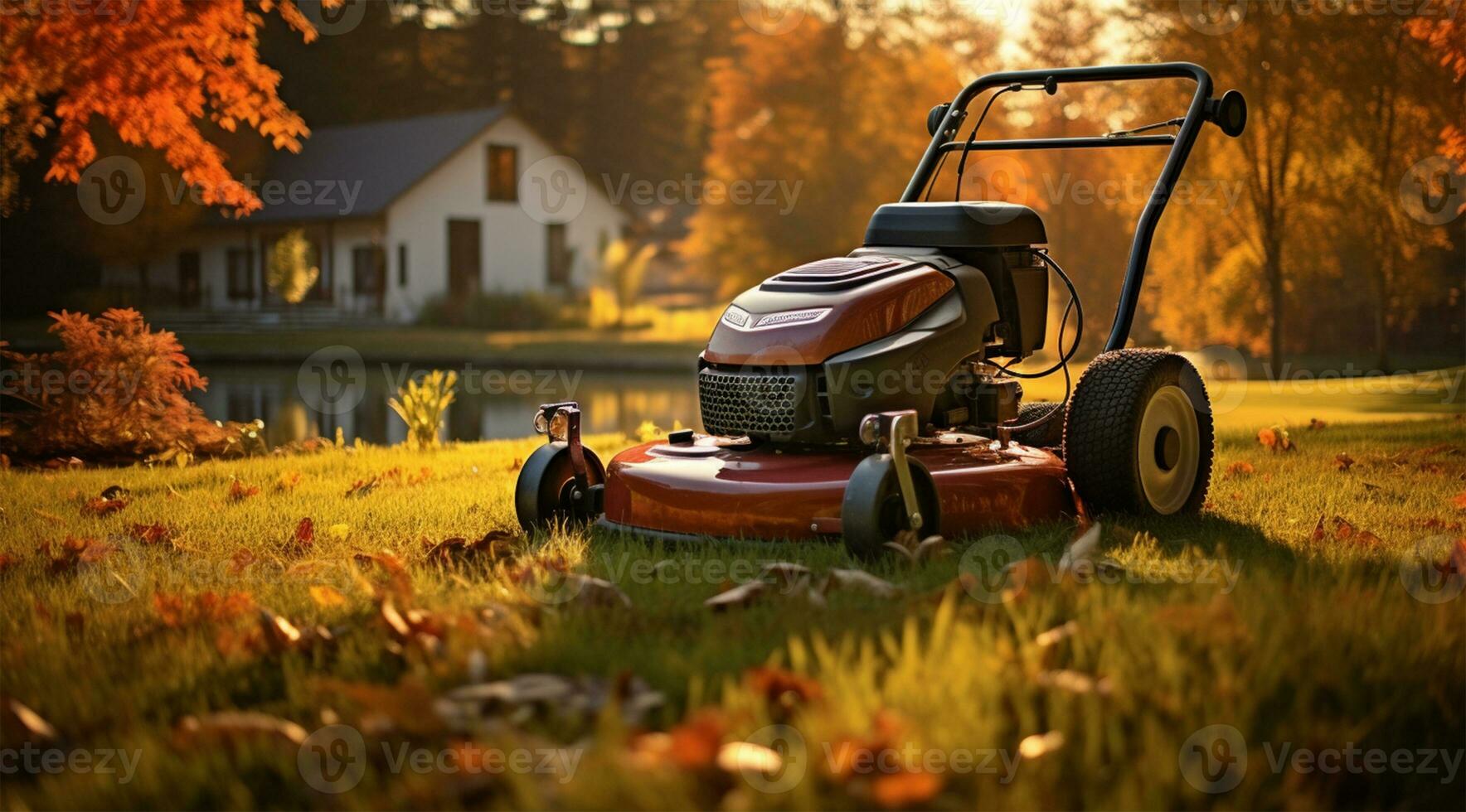 Lawn mower on the grass in the autumn garden. Gardening concept AI Generated photo