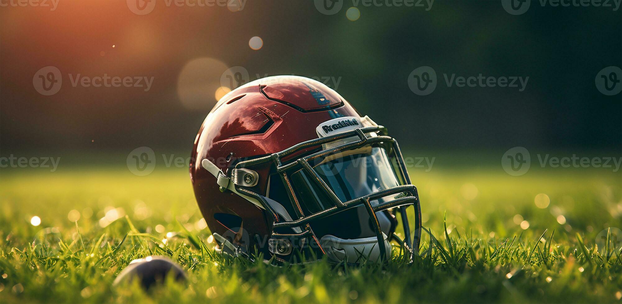 American football helmet on green grass. Close-up of sports equipment AI Generated photo