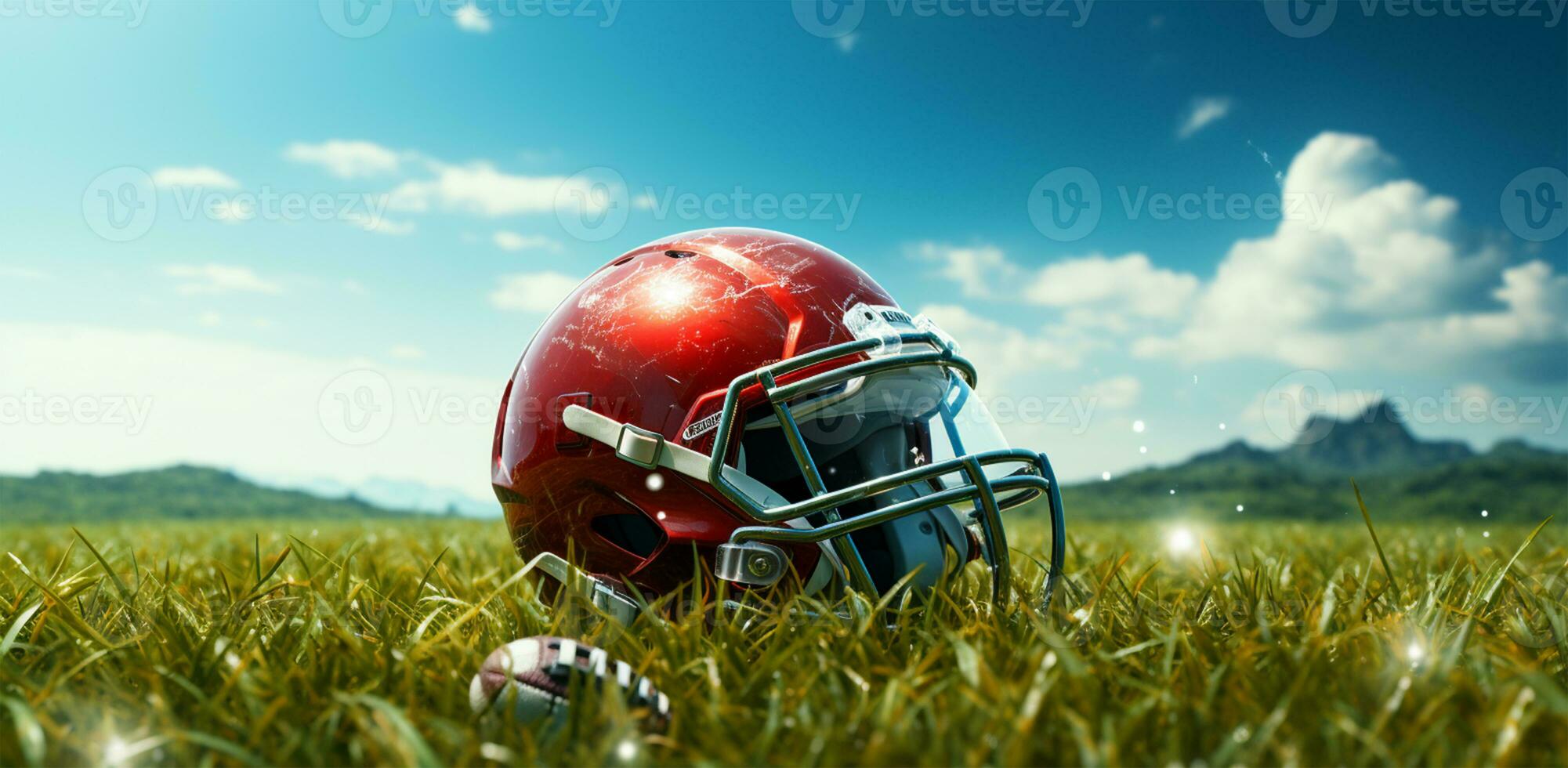 American football helmet on green grass. Close-up of sports equipment AI Generated photo