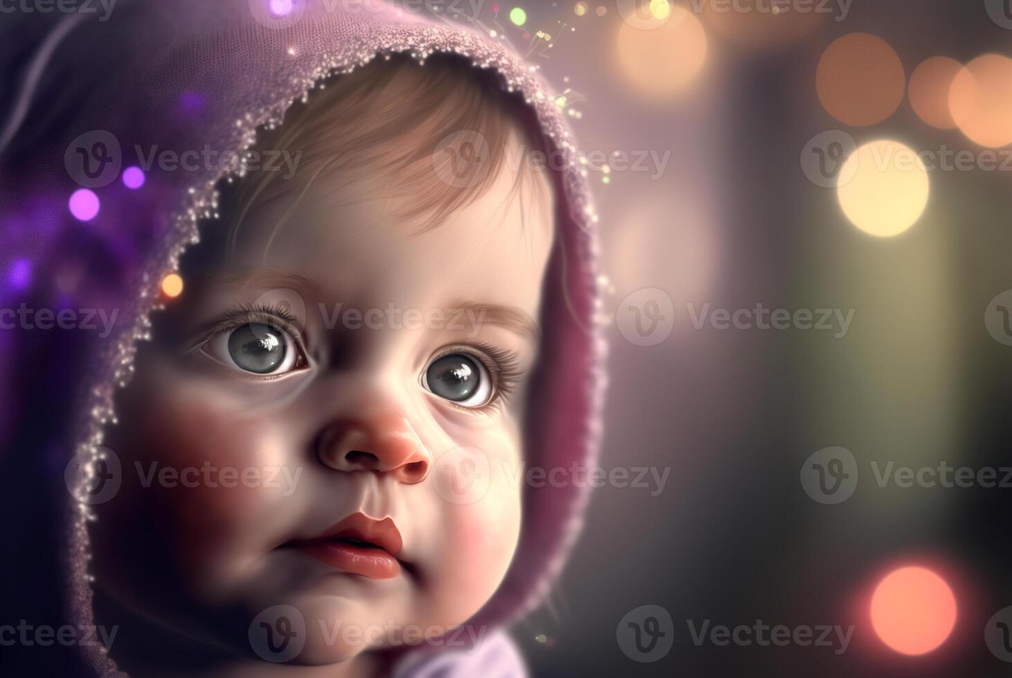 Cute little baby portrait on bokeh background.  Generative AI. photo