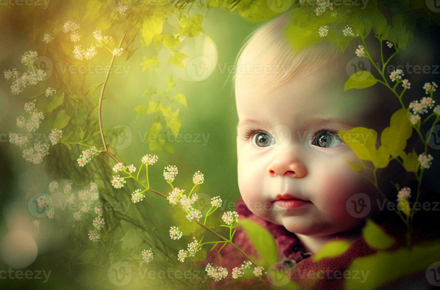 Cute little baby portrait on bokeh background.  Generative AI. photo