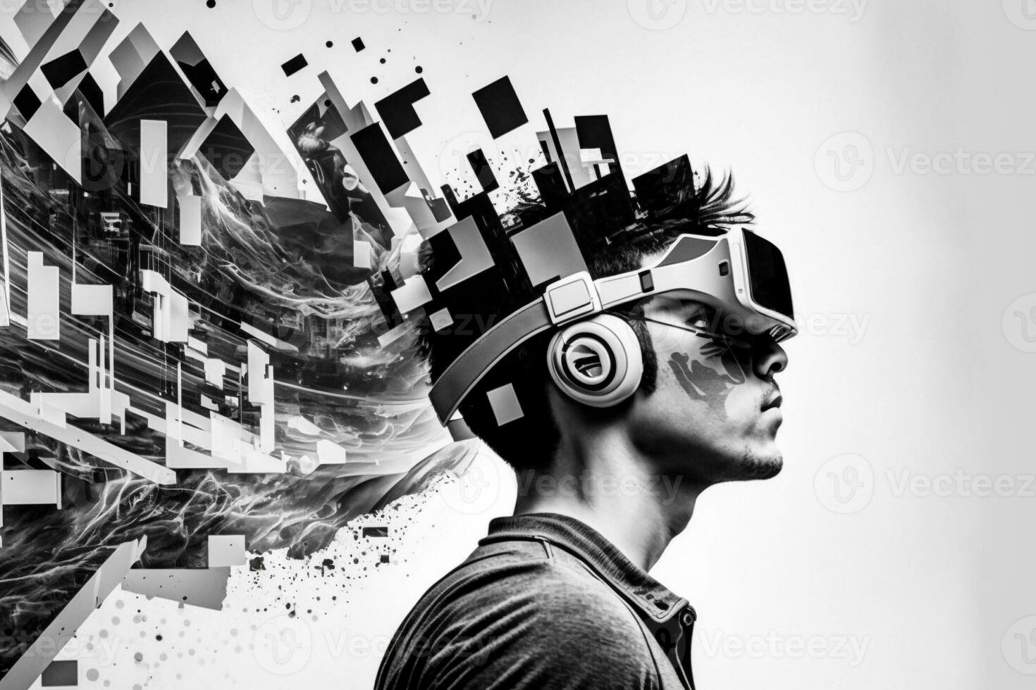 Young man using virtual reality headset. VR glasses, futuristic, technology, online education, education, video game concept. Generative AI. photo