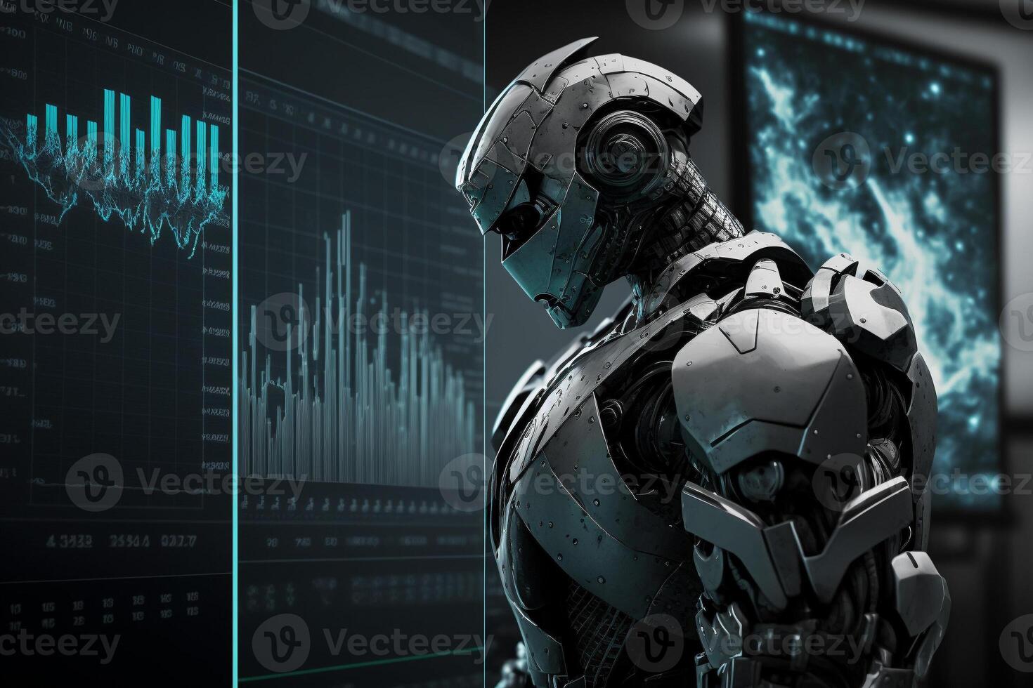 Future business 3d technology robot and stock chart traders, stock chart analysis to beat the market. . photo