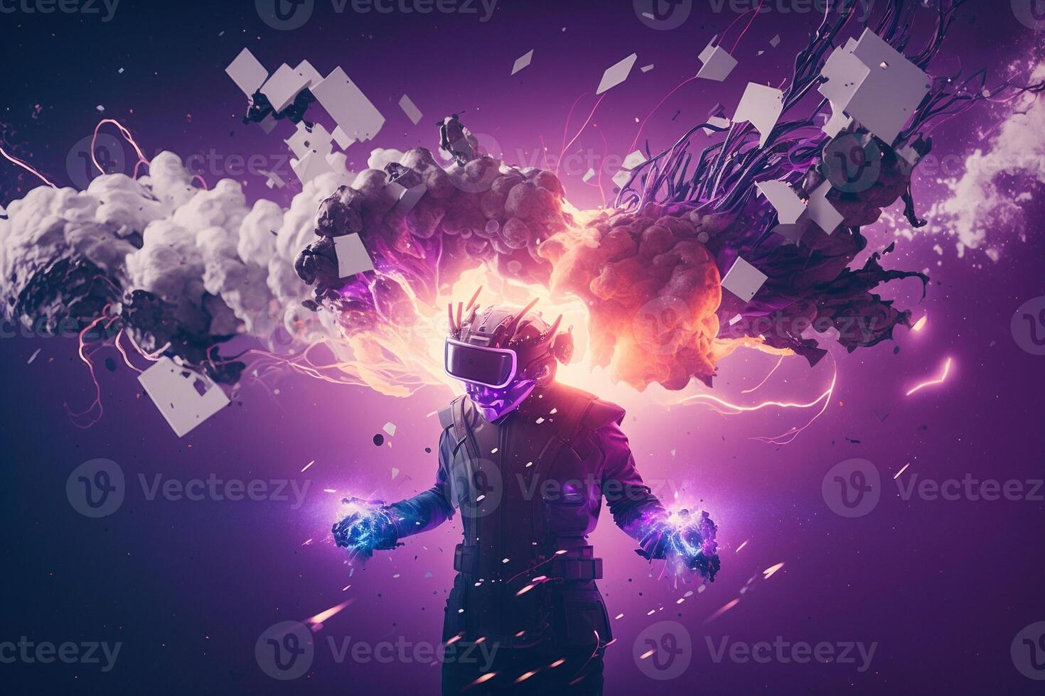 Young man using virtual reality headset. VR glasses, futuristic, technology, online education, education, game concept. . photo